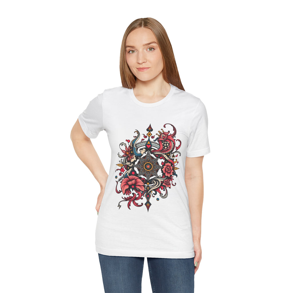 Vibrant tee with ornate red floral mandala design, offered in multiple bold color options