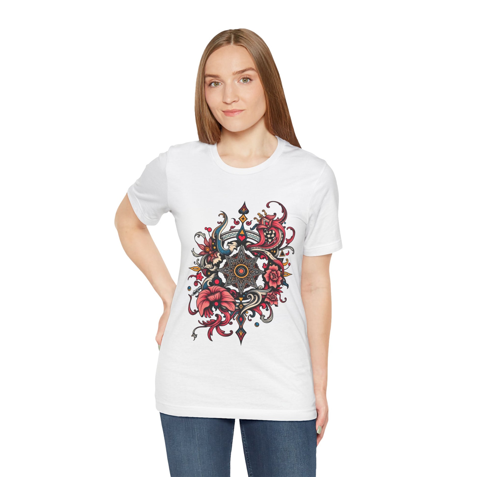 Vibrant tee with ornate red floral mandala design, offered in multiple bold color options