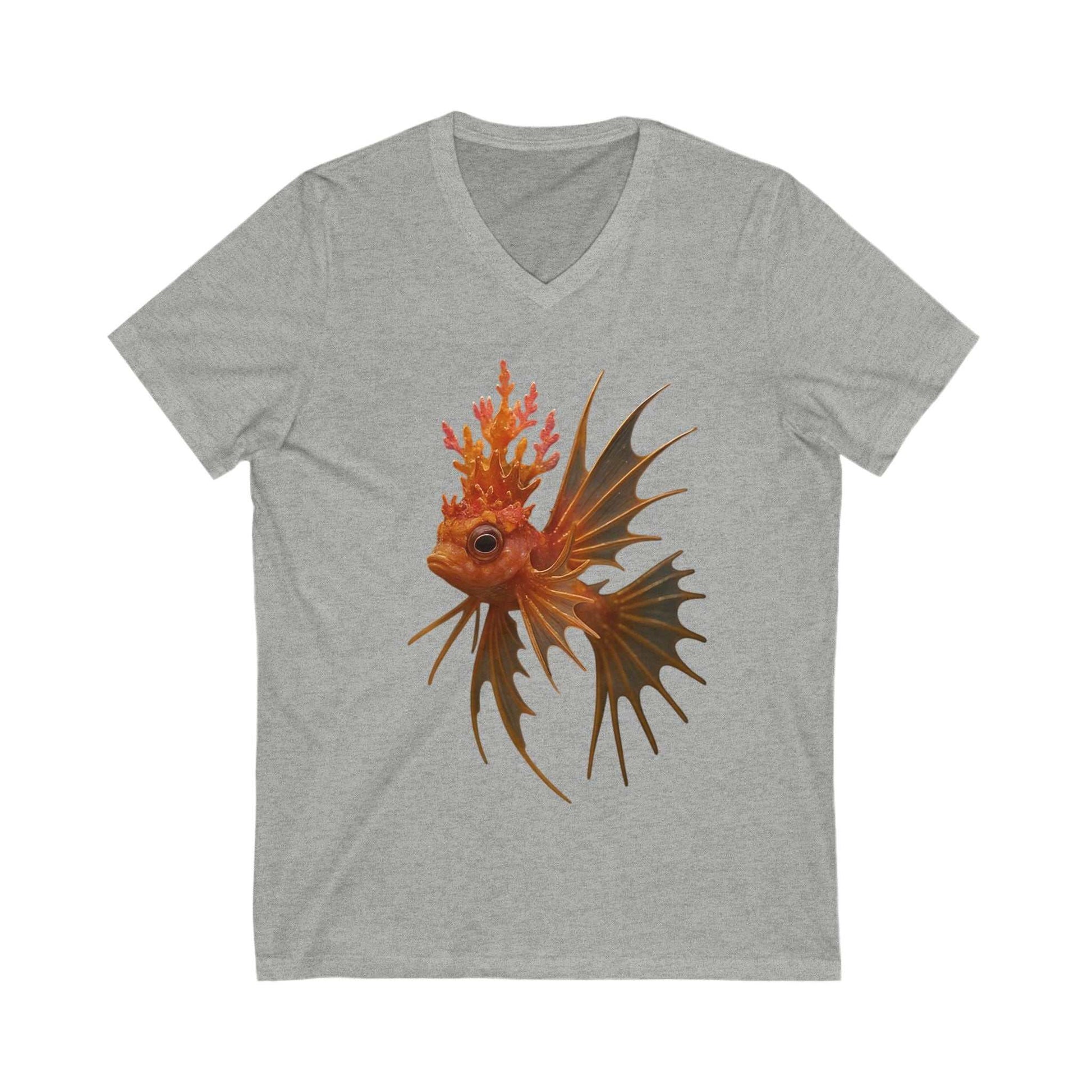 Gray unisex V-neck tee featuring a detailed coral crown fish graphic on the front.