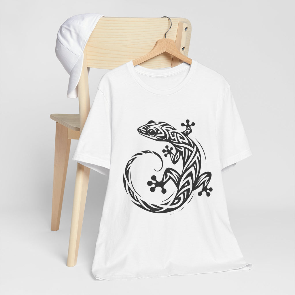 Tribal Gecko Tee – Bold Lizard Tattoo Art on Crisp White T-Shirt