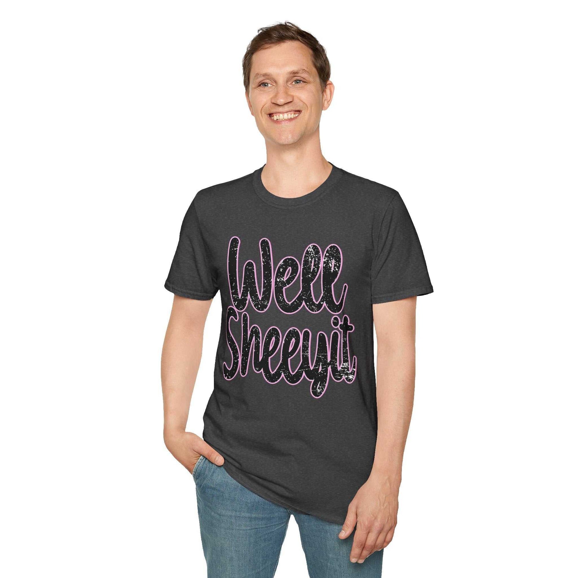 Man wearing black casual statement tee with "Well Sheeyit" funny quote design