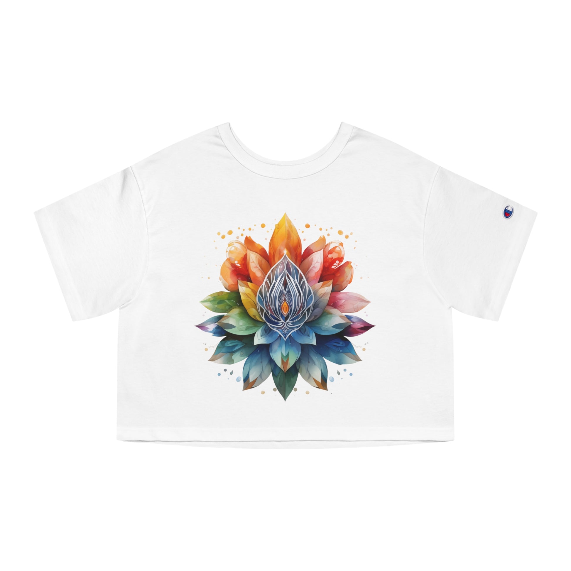 Cropped tee with a radiant rainbow lotus mandala, bursting in vivid, dreamy colors