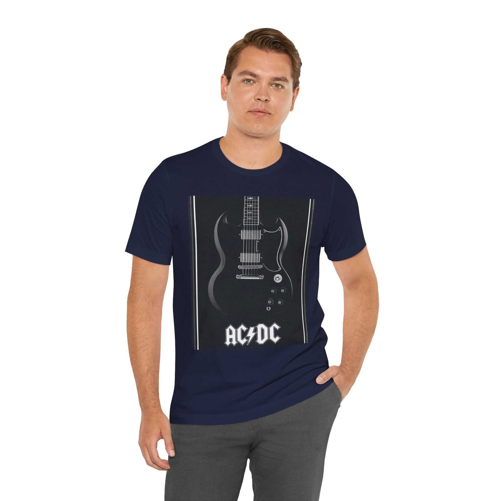 Man wearing navy blue rock guitar graphic tee featuring black electric guitar and AC/DC logo