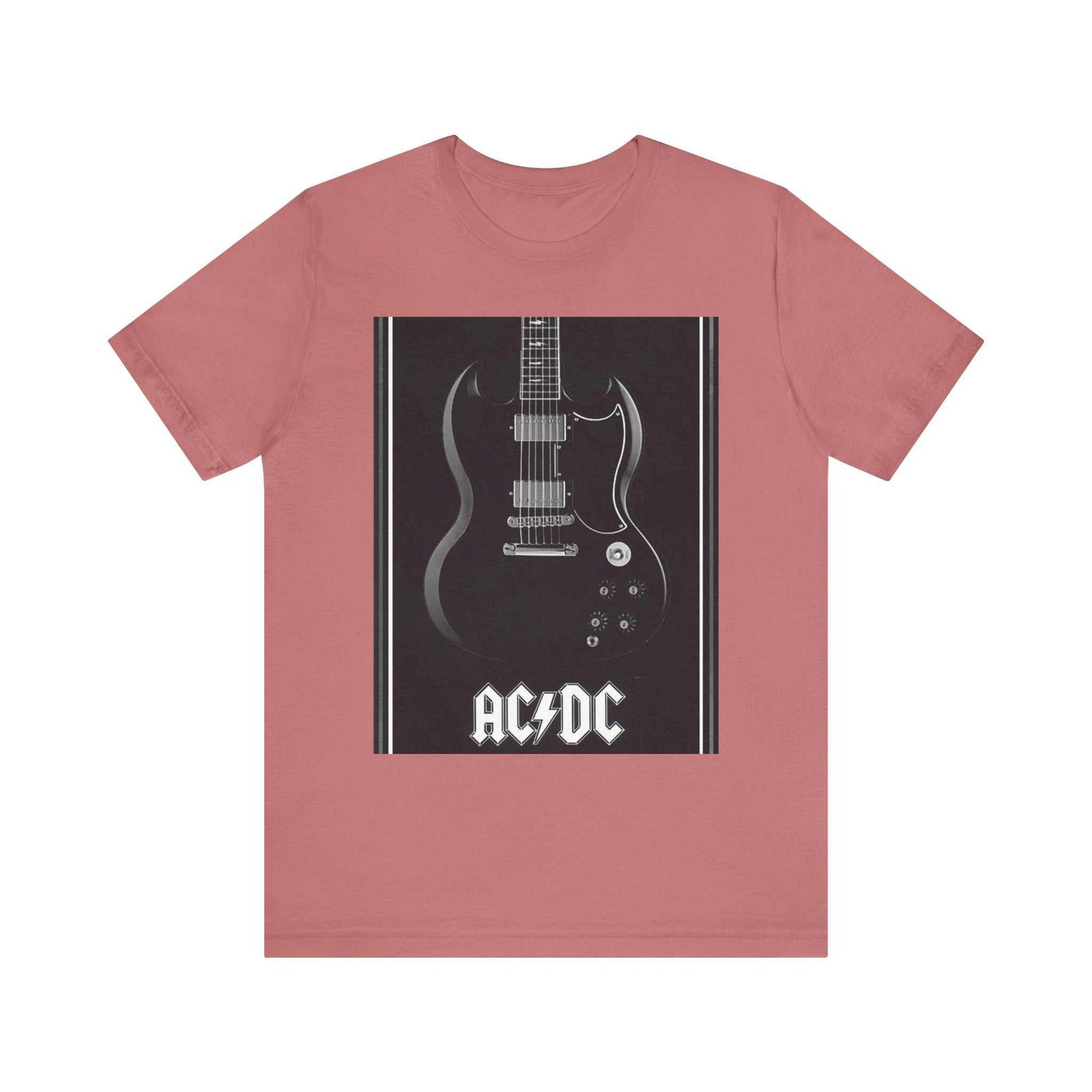 Unisex rock guitar graphic tee with AC/DC design in dusty rose color