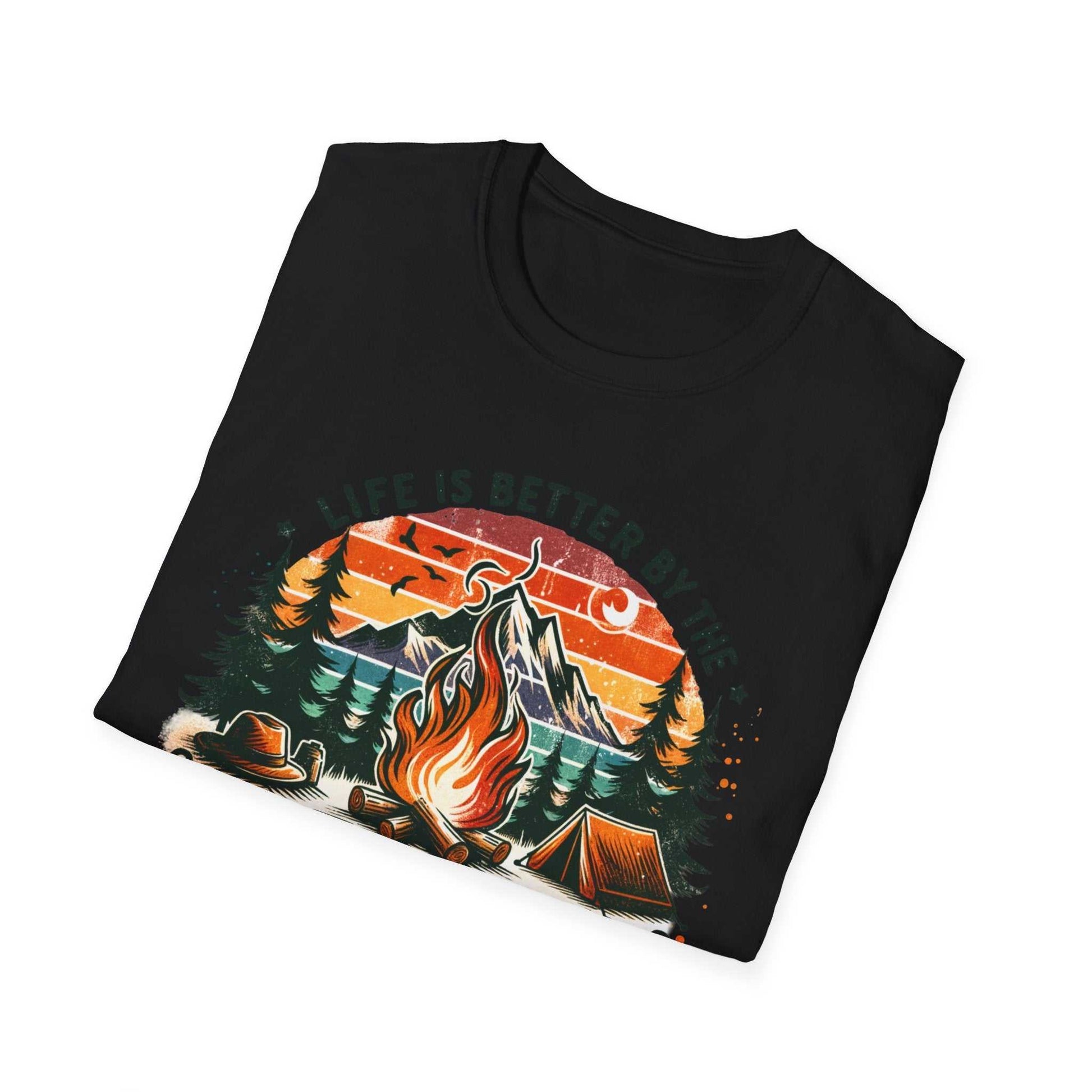 Black unisex Camping Adventure T-shirt with colorful campfire, mountain, tent, and forest design and "Life is Better by the Campfire" text.