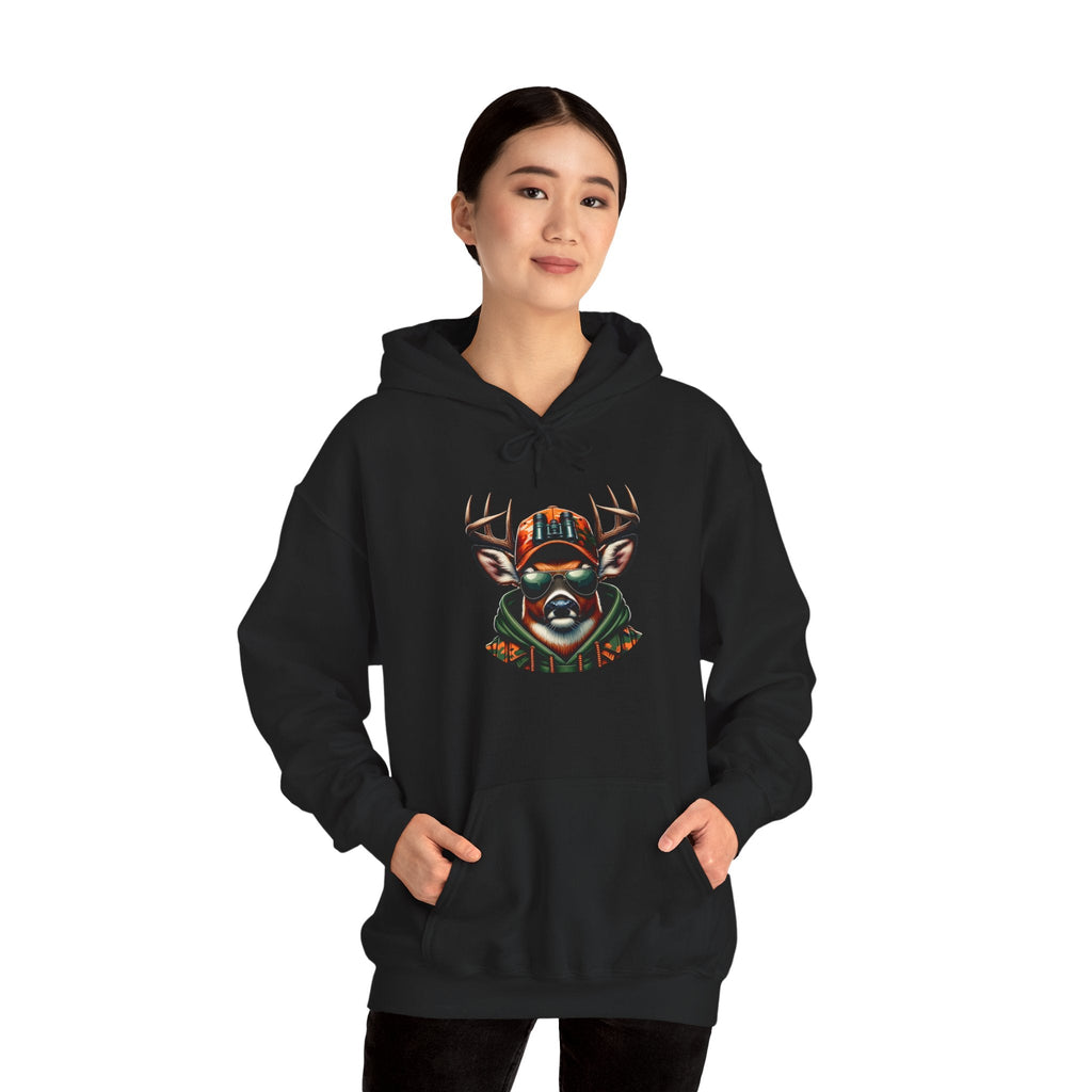 Black hooded sweatshirt featuring a bold deer wearing a hat and sunglasses design with kangaroo pocket and adjustable drawstring hood.