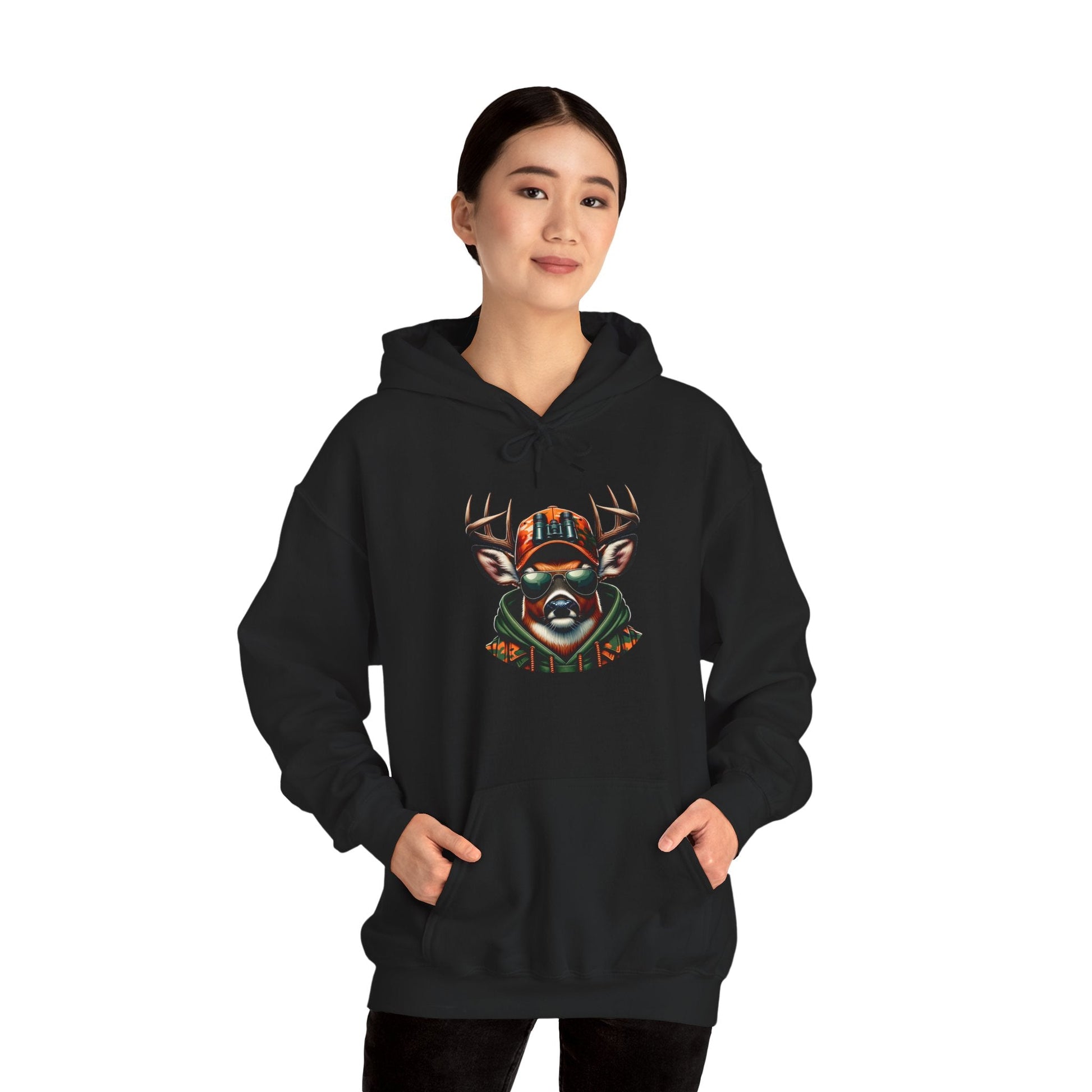 Black hooded sweatshirt featuring a bold deer wearing a hat and sunglasses design with kangaroo pocket and adjustable drawstring hood.