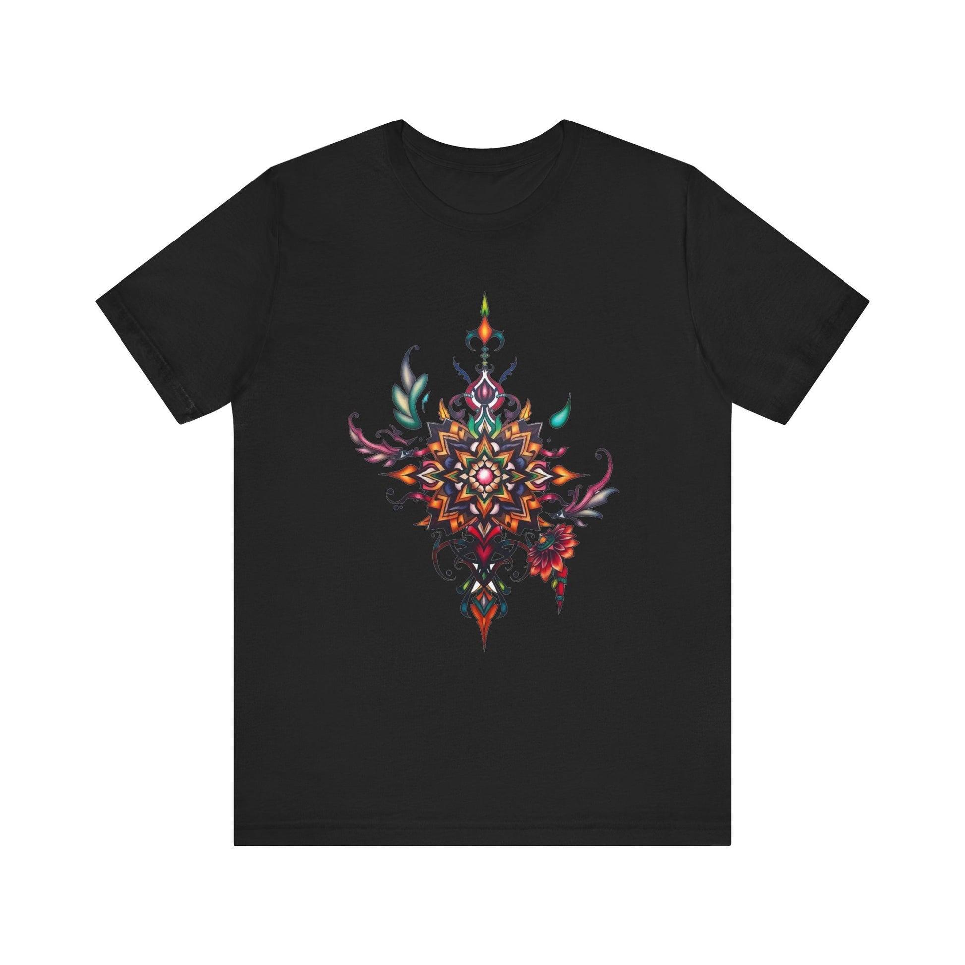 Colorful tee with an ornate mandala and floral design, available in vibrant color options