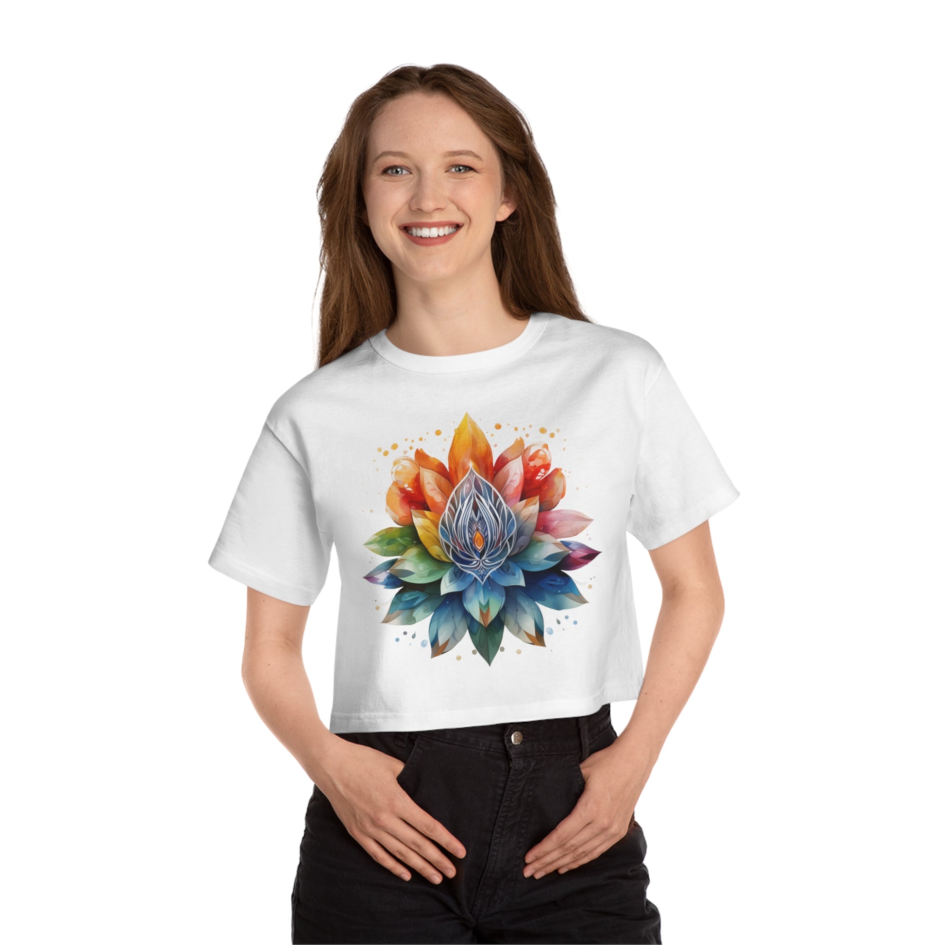Cropped tee with a radiant rainbow lotus mandala, bursting in vivid, dreamy colors