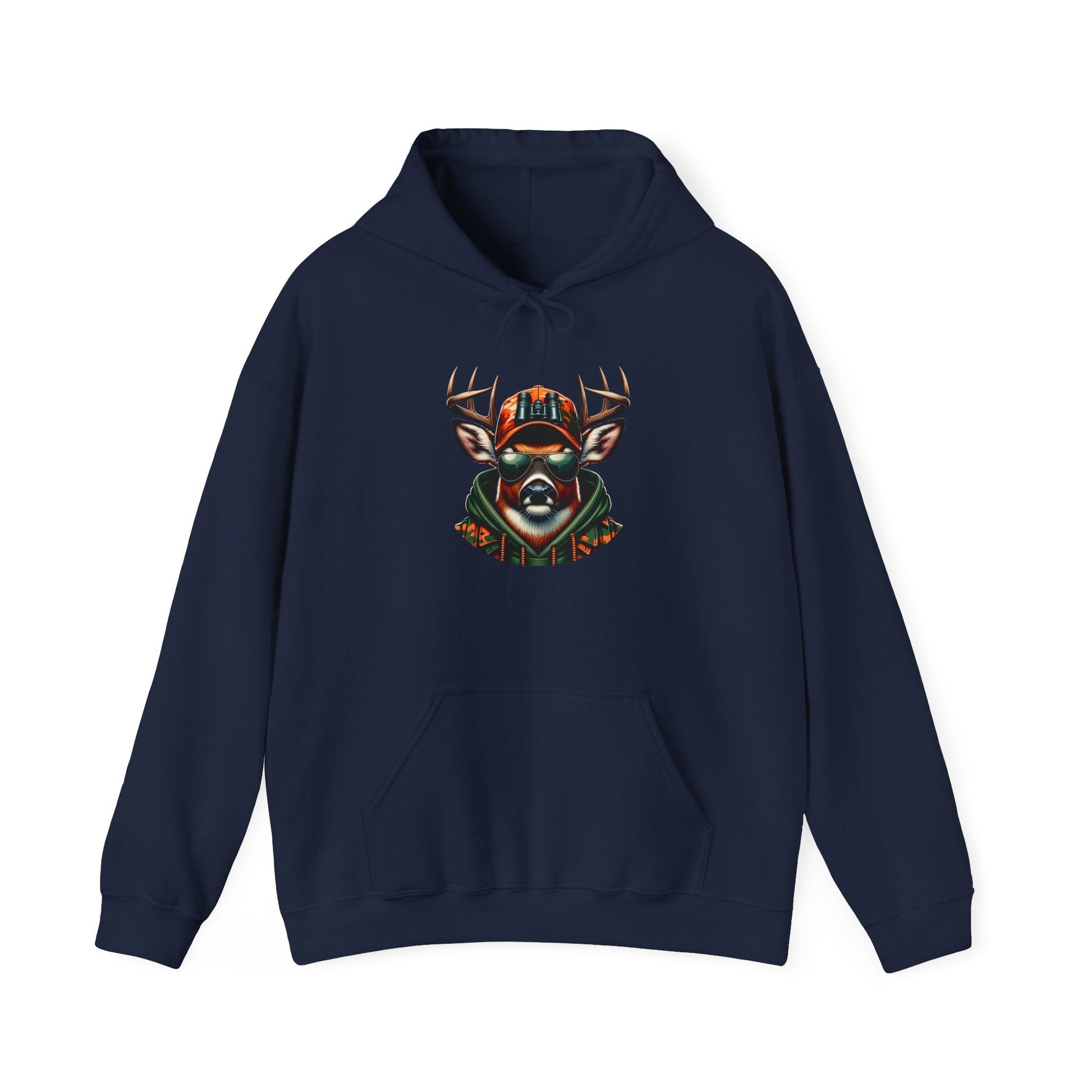 Navy hooded sweatshirt with bold colorful deer design and kangaroo pocket