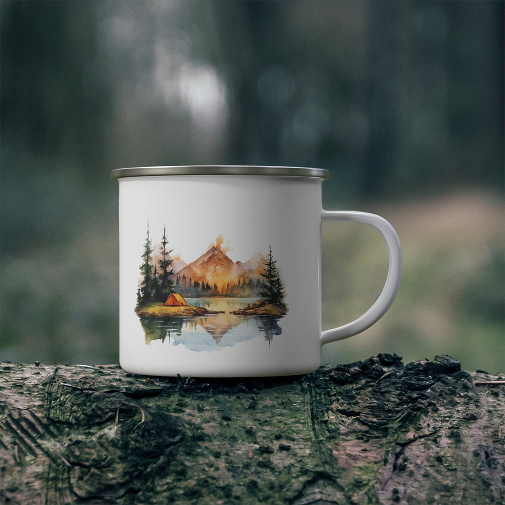 Mountain Sunrise Camping Enamel Mug with Scenic Lake Reflection