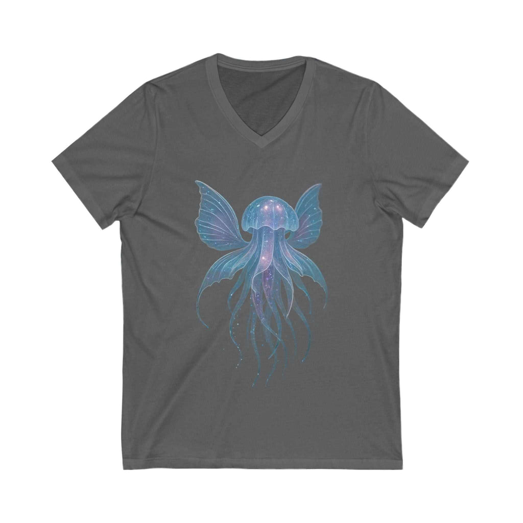 Dark gray V-neck T-shirt with a colorful magical jellyfish graphic on the front, unisex short sleeve design.