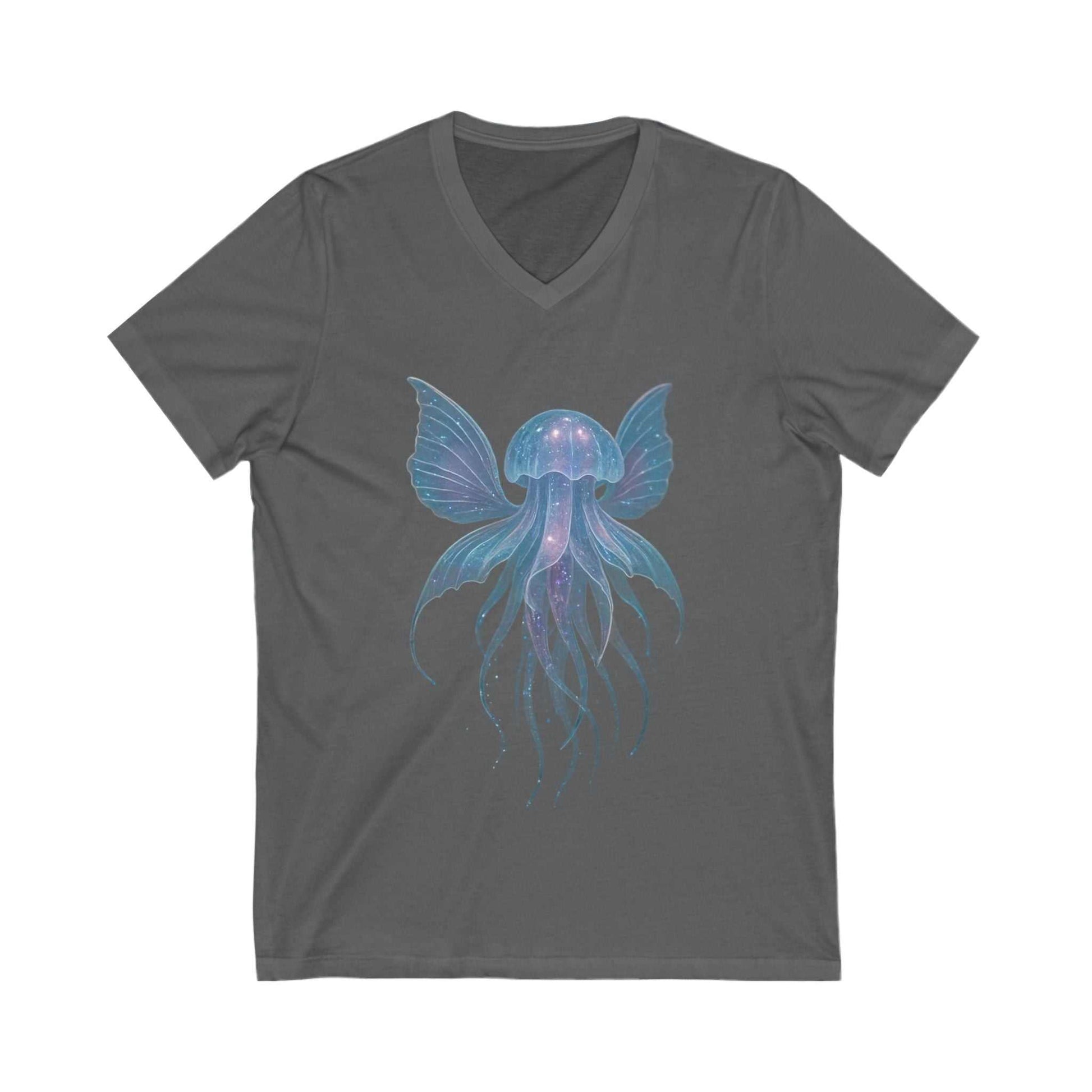 Dark gray V-neck T-shirt with a colorful magical jellyfish graphic on the front, unisex short sleeve design.