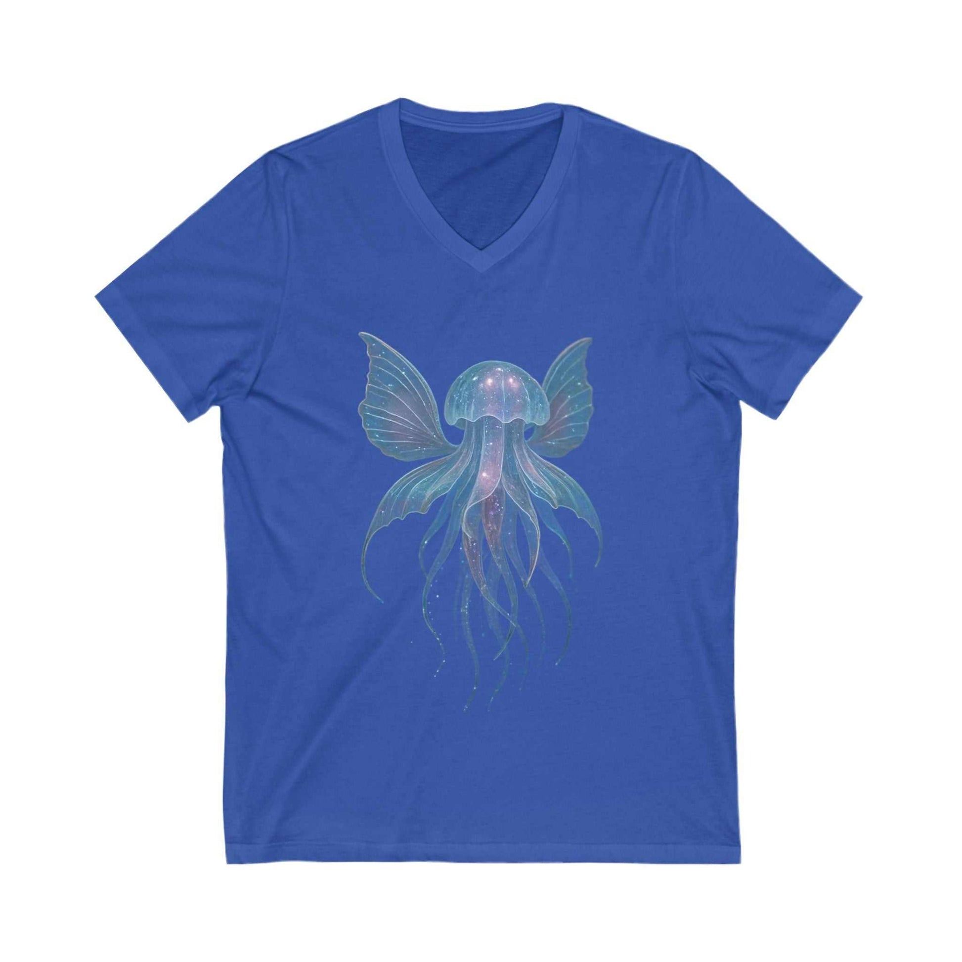 Blue V-neck tee with a detailed magical jellyfish graphic design on the front