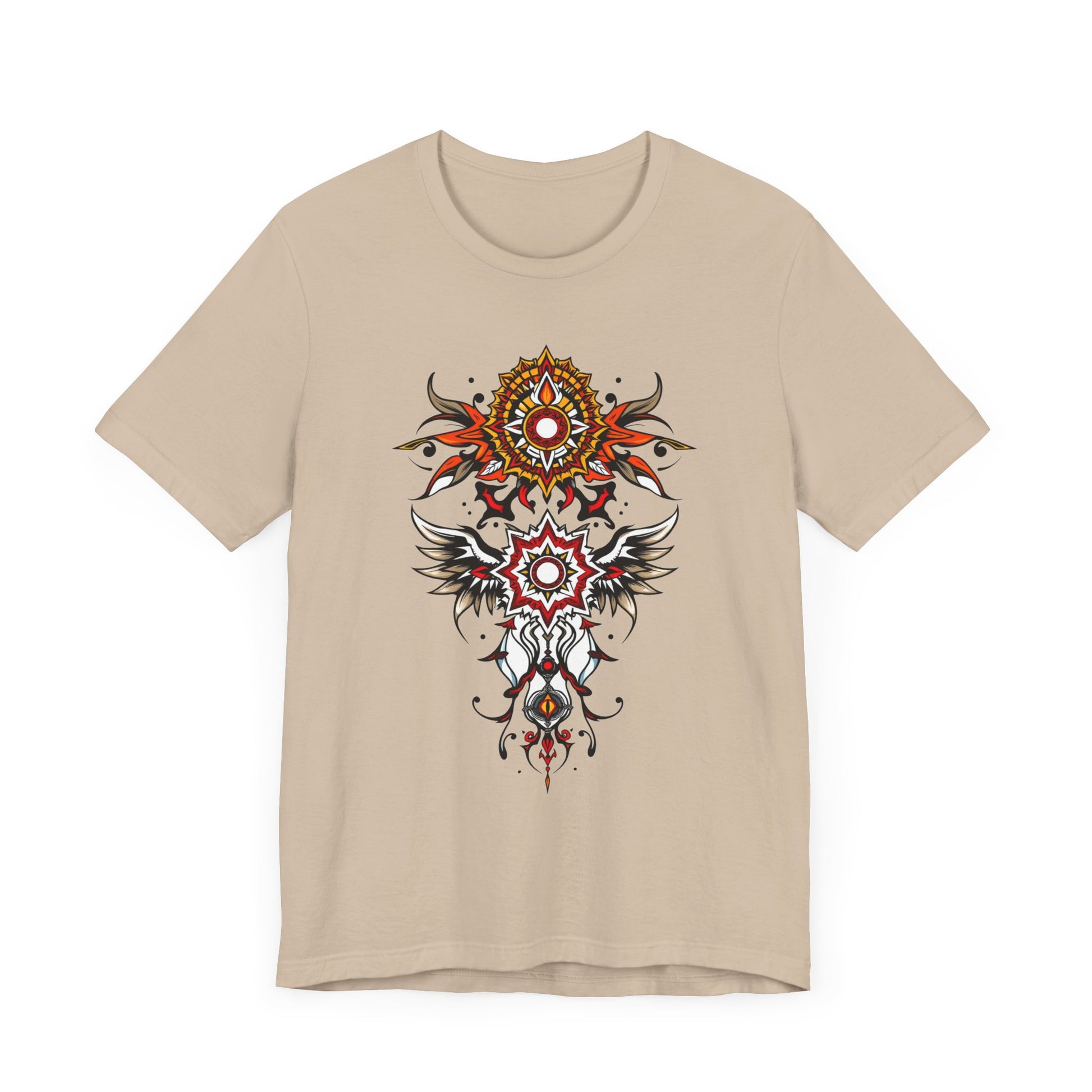 Turn heads in this tee, available in vibrant colors, showcasing a fiery red and gold tribal mandala for bold, artistic style