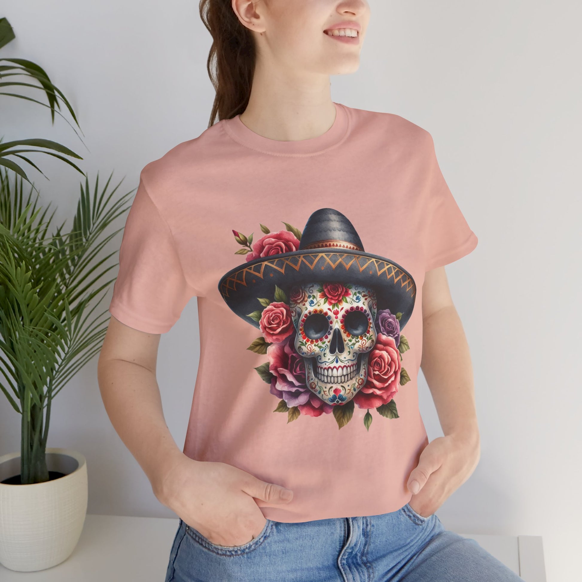 Colorful tee featuring a sugar skull in sombrero and roses for vibrant fiesta vibes