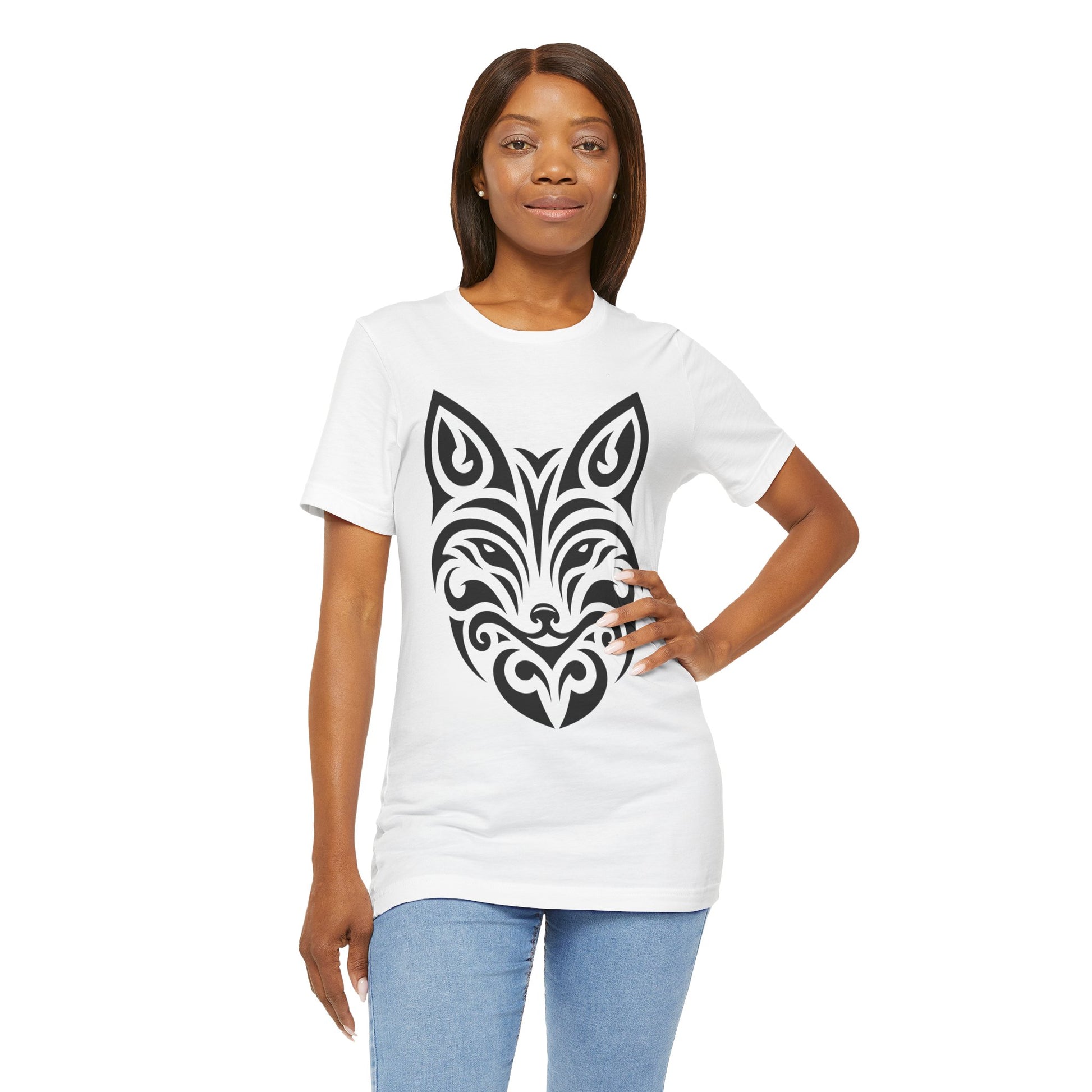 Sleek tee with a bold black tribal fox design, offered in multiple color choices