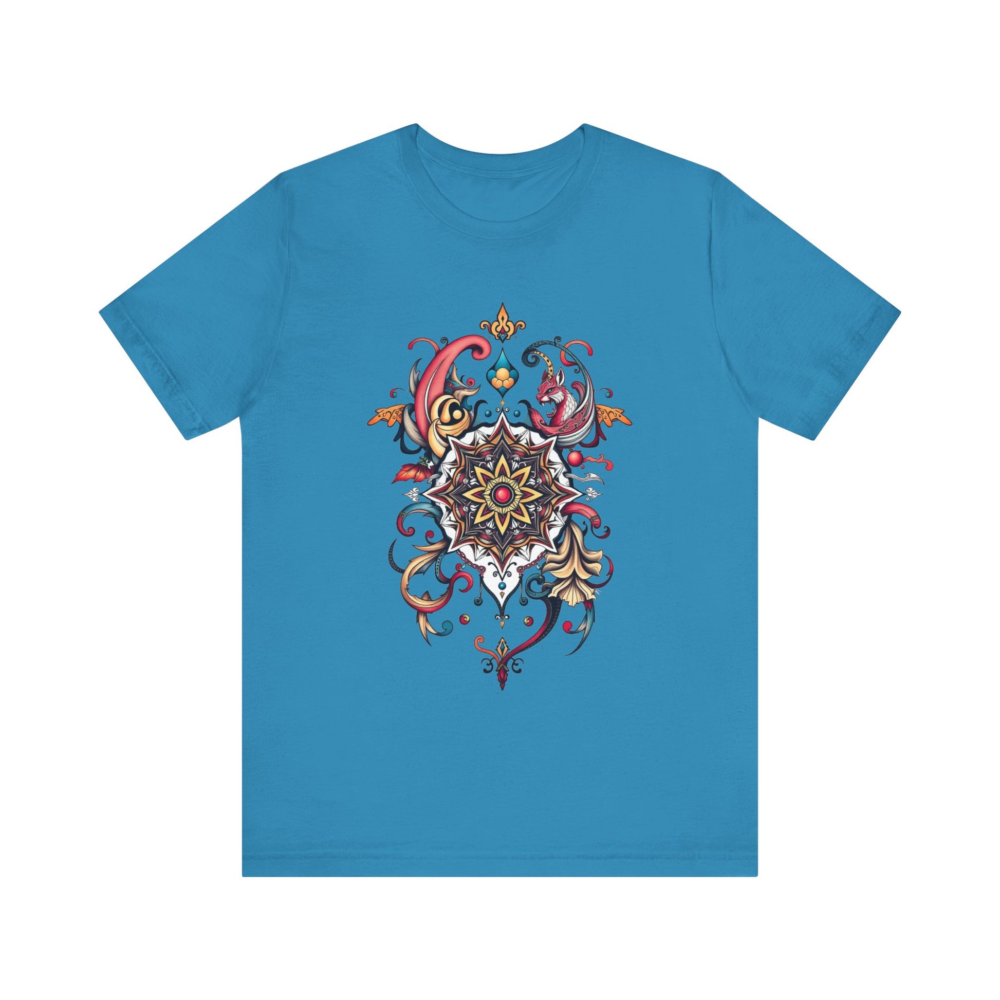 Vibrant tee with swirling mandala in reds, golds, and teal, available in many colors