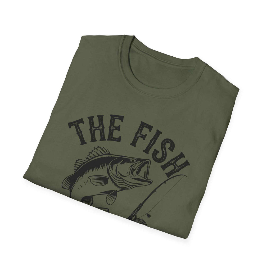 Folded olive green unisex softstyle t-shirt with "The Fish Whisperer" text and fishing graphic design.