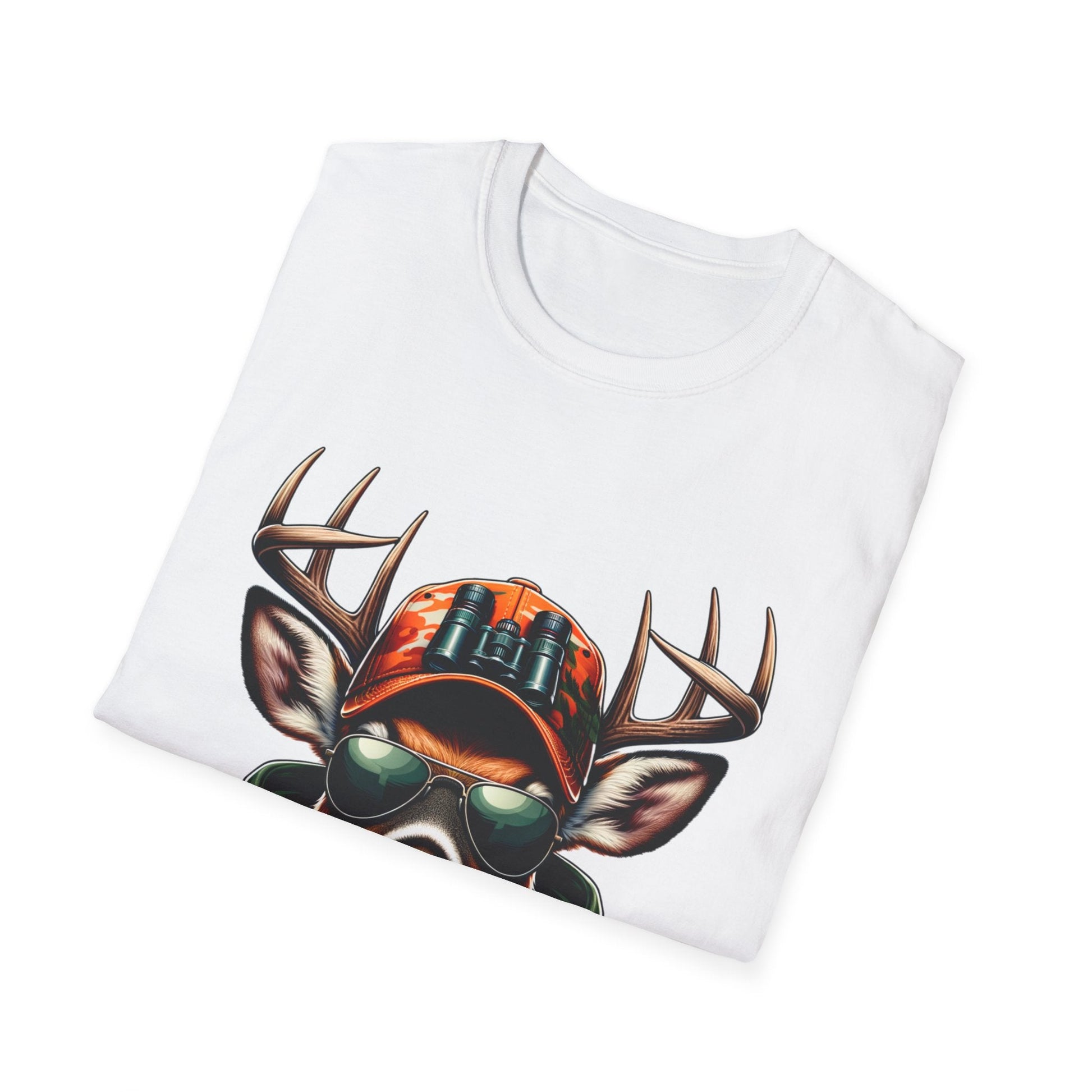 White unisex softstyle T-shirt featuring a cool deer with antlers wearing a camo hat and sunglasses, hunting enthusiast design.