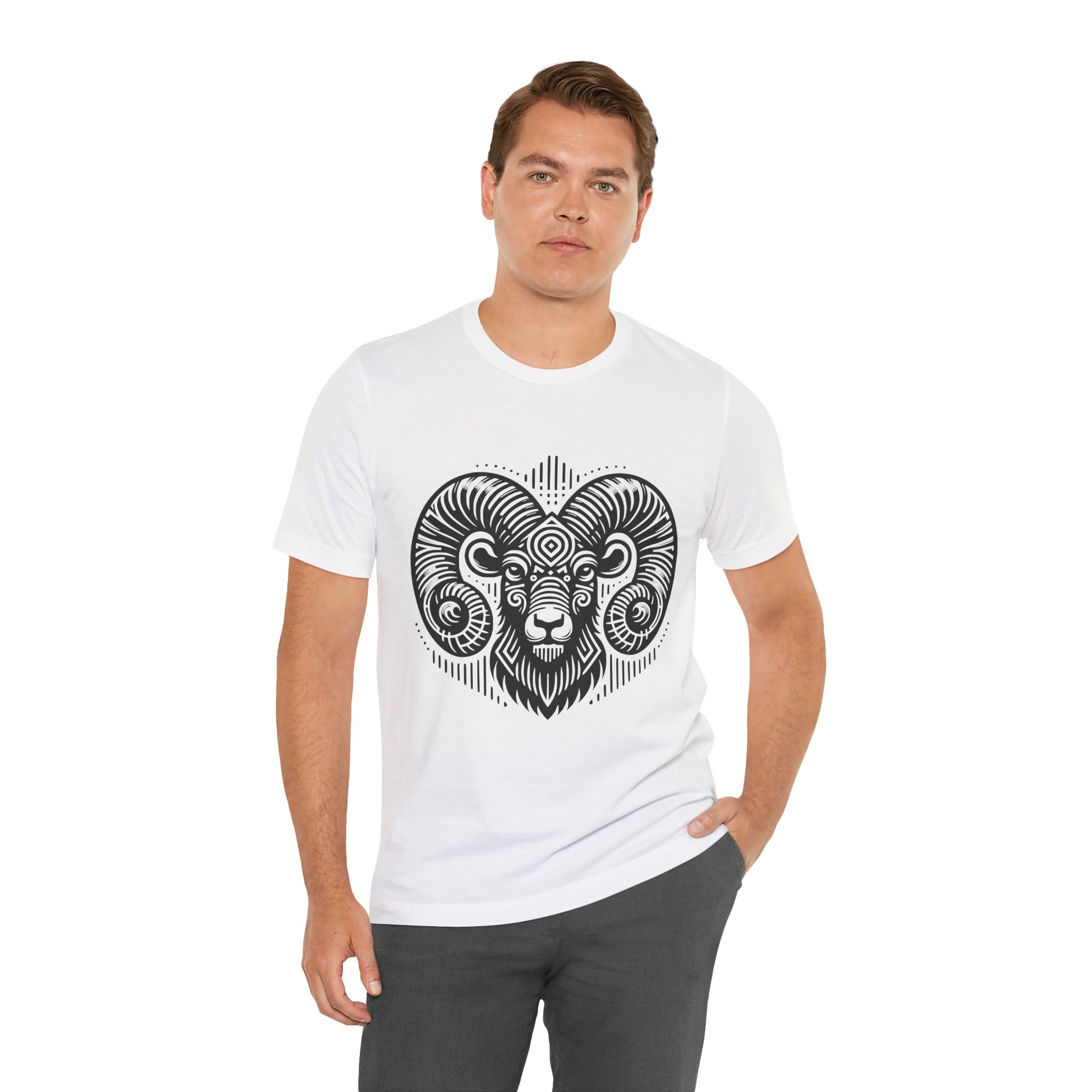 Striking tee with an intricate black tribal ram design, offered in vibrant color options