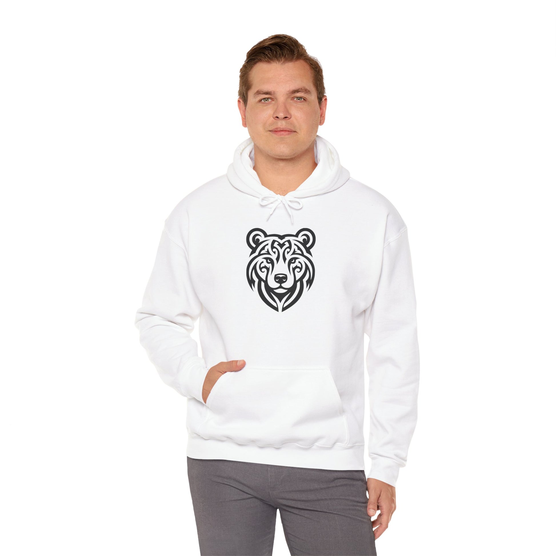 Tribal Bear Hoodie – Fierce Wilderness Style in Bold Black on White