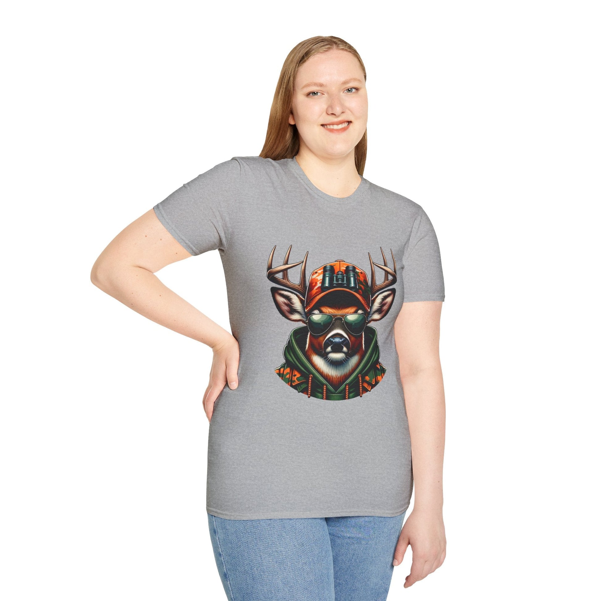 Woman wearing grey hunting enthusiast t-shirt with deer head graphic and camouflage hat and binoculars design