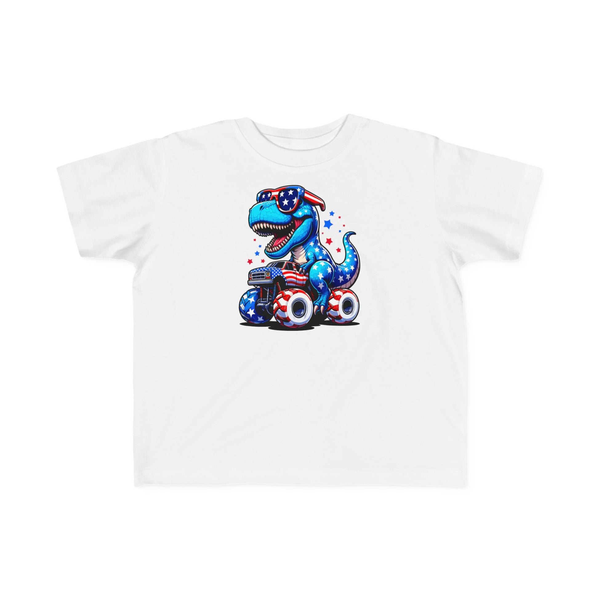 Patriotic Dino Monster Truck Kids’ T-Shirt – USA Stars & Stripes T-Rex Tee