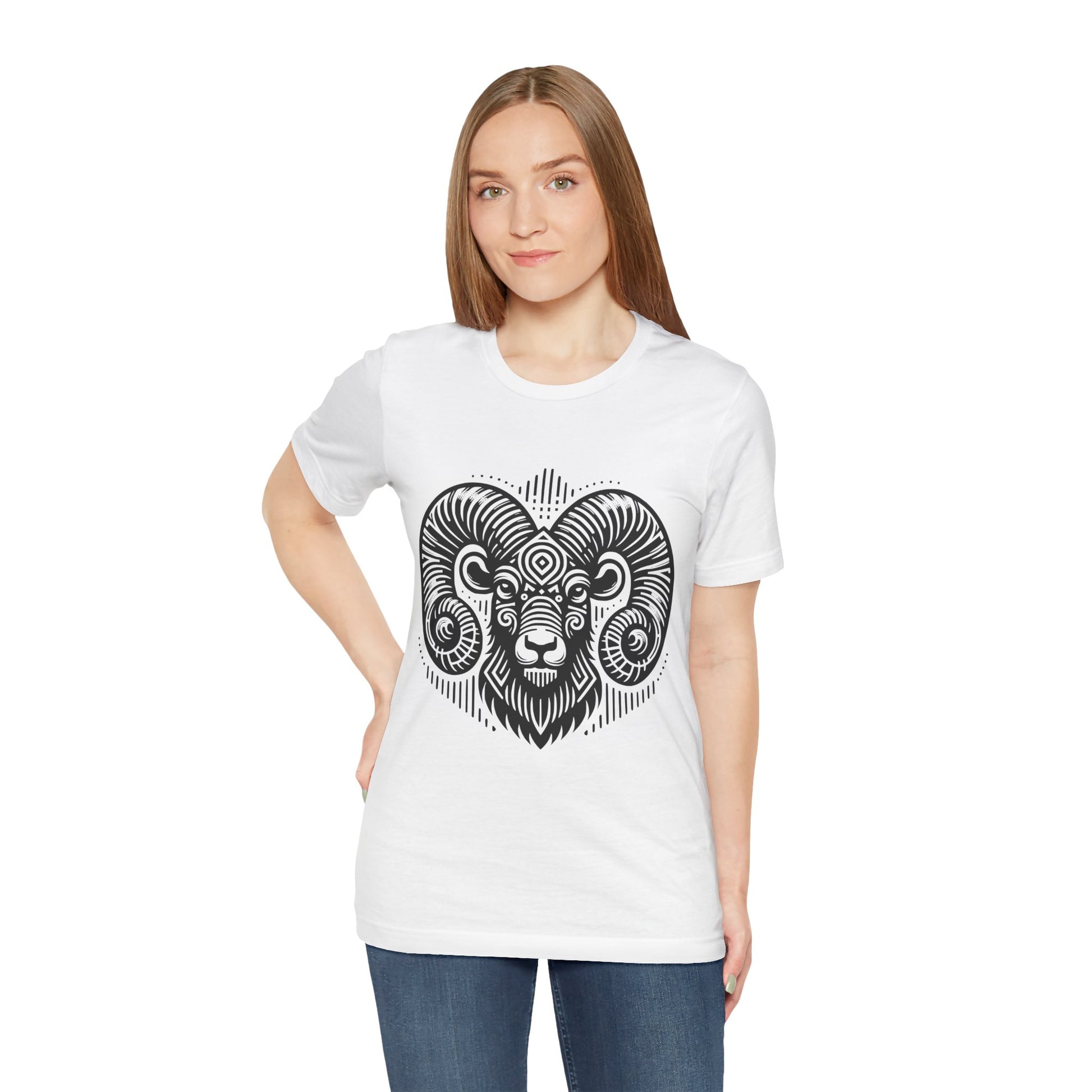 Striking tee with an intricate black tribal ram design, offered in vibrant color options