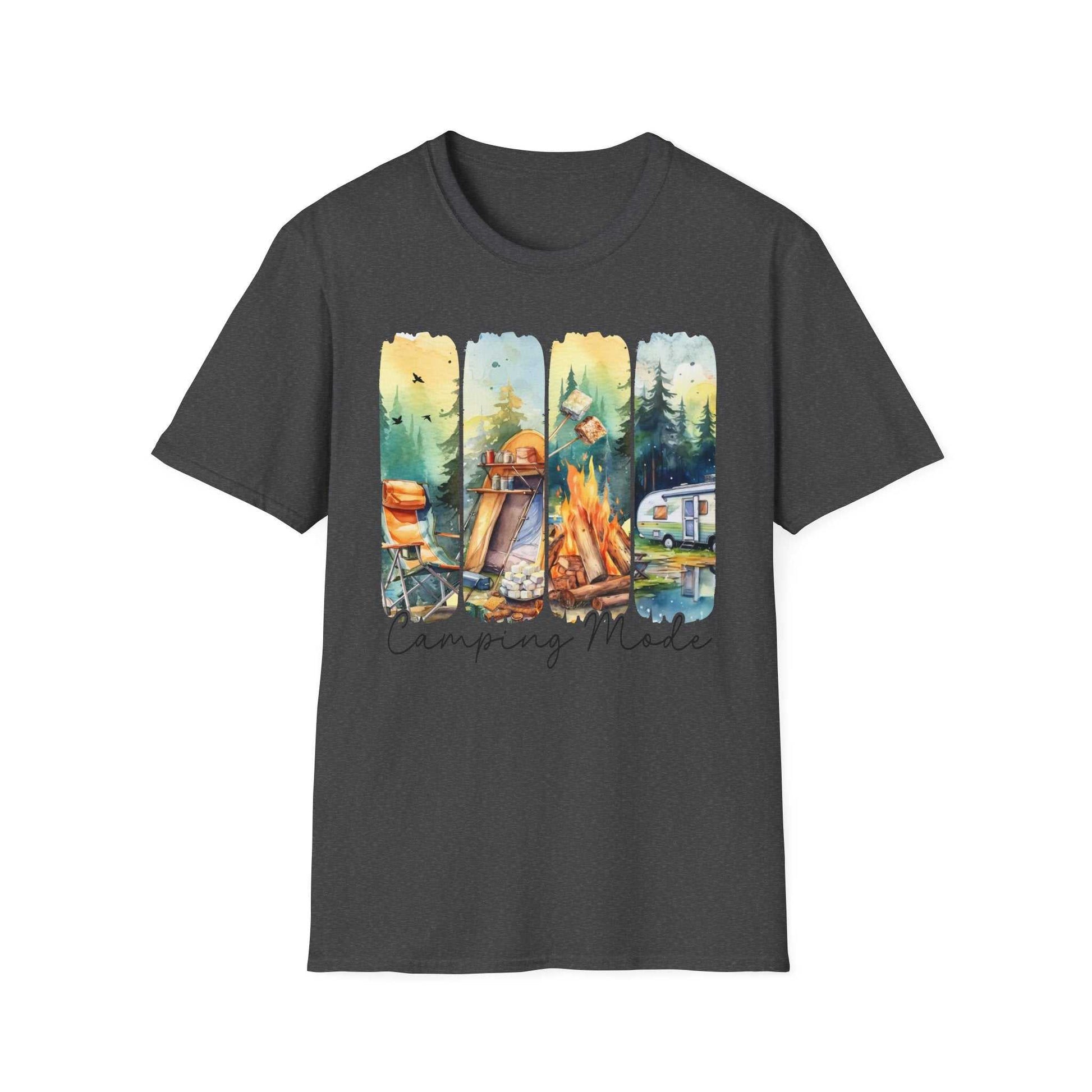Camping Adventure Unisex T-Shirt with colorful camping scene print on dark fabric, made of soft lightweight cotton