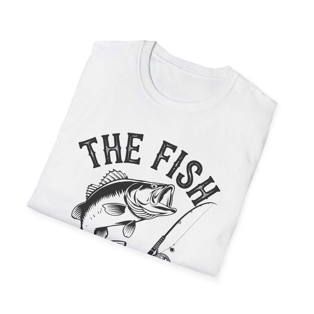 White unisex softstyle t-shirt featuring a black "The Fish Whisperer" graphic with a fish and fishing rod design