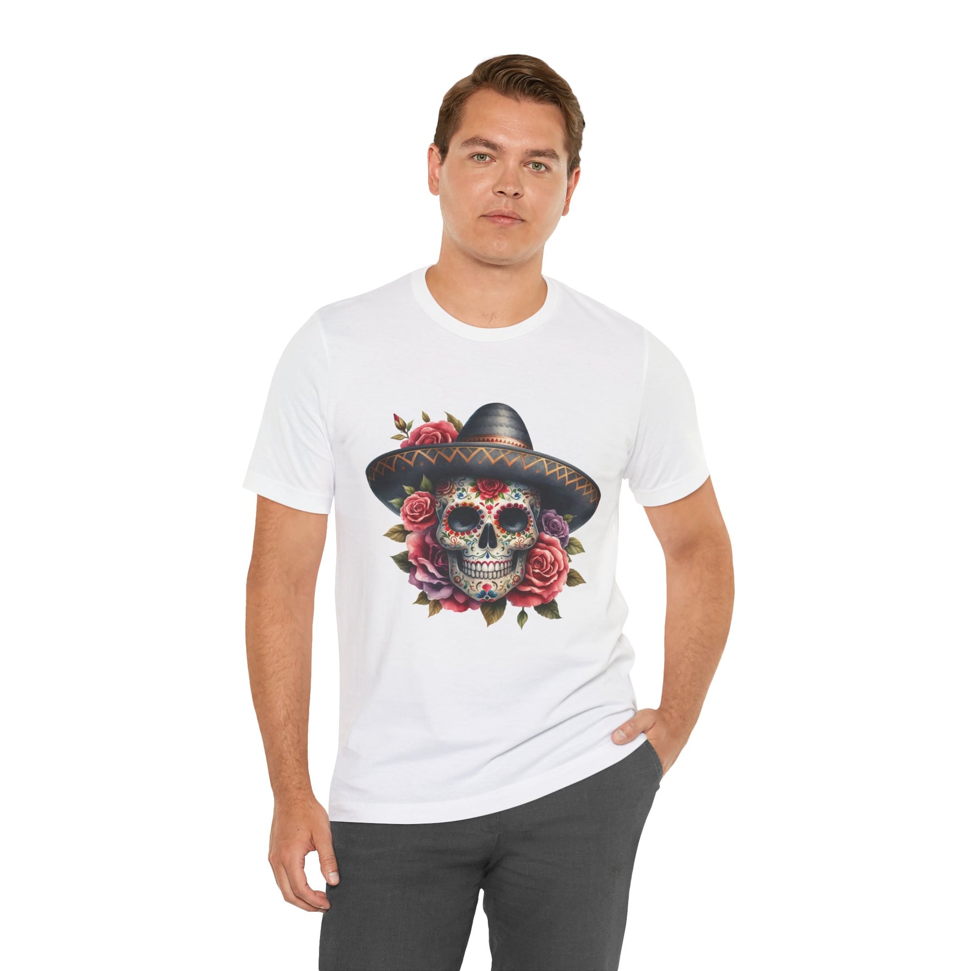 Colorful tee featuring a sugar skull in sombrero and roses for vibrant fiesta vibes