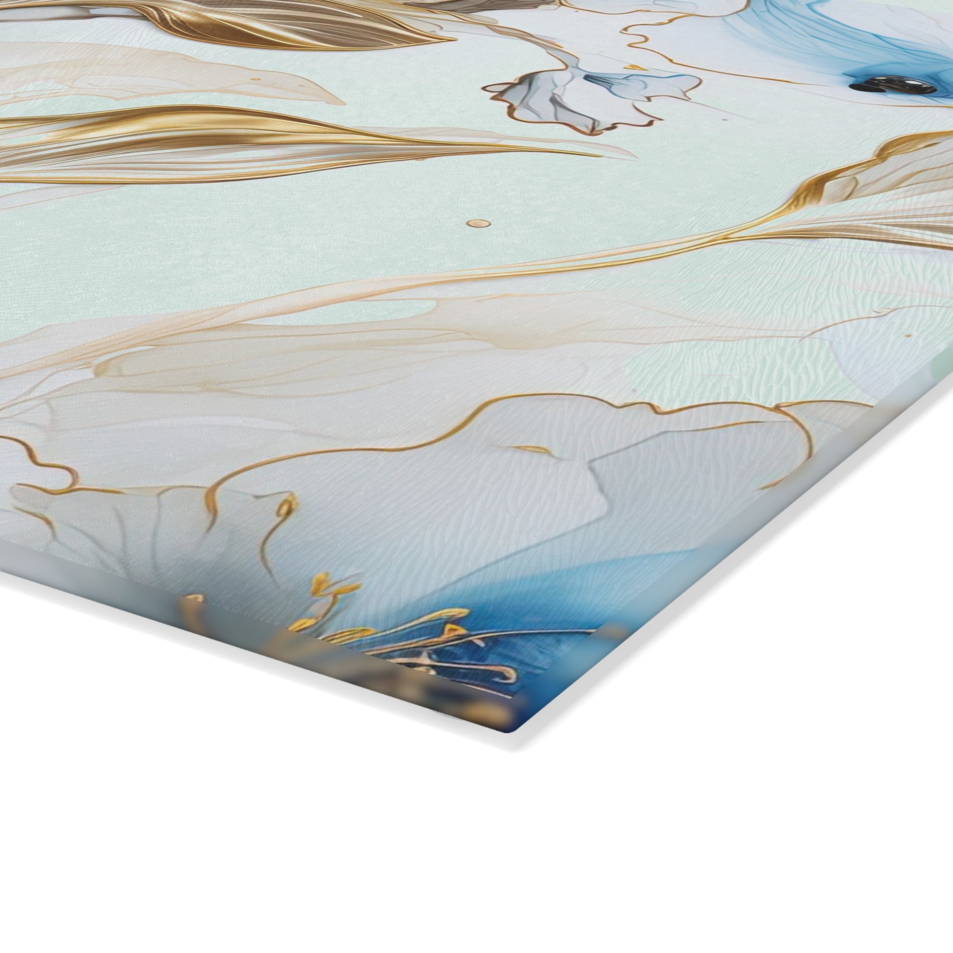 Elegant Aqua Floral Glass Cutting Board with Gold Accents