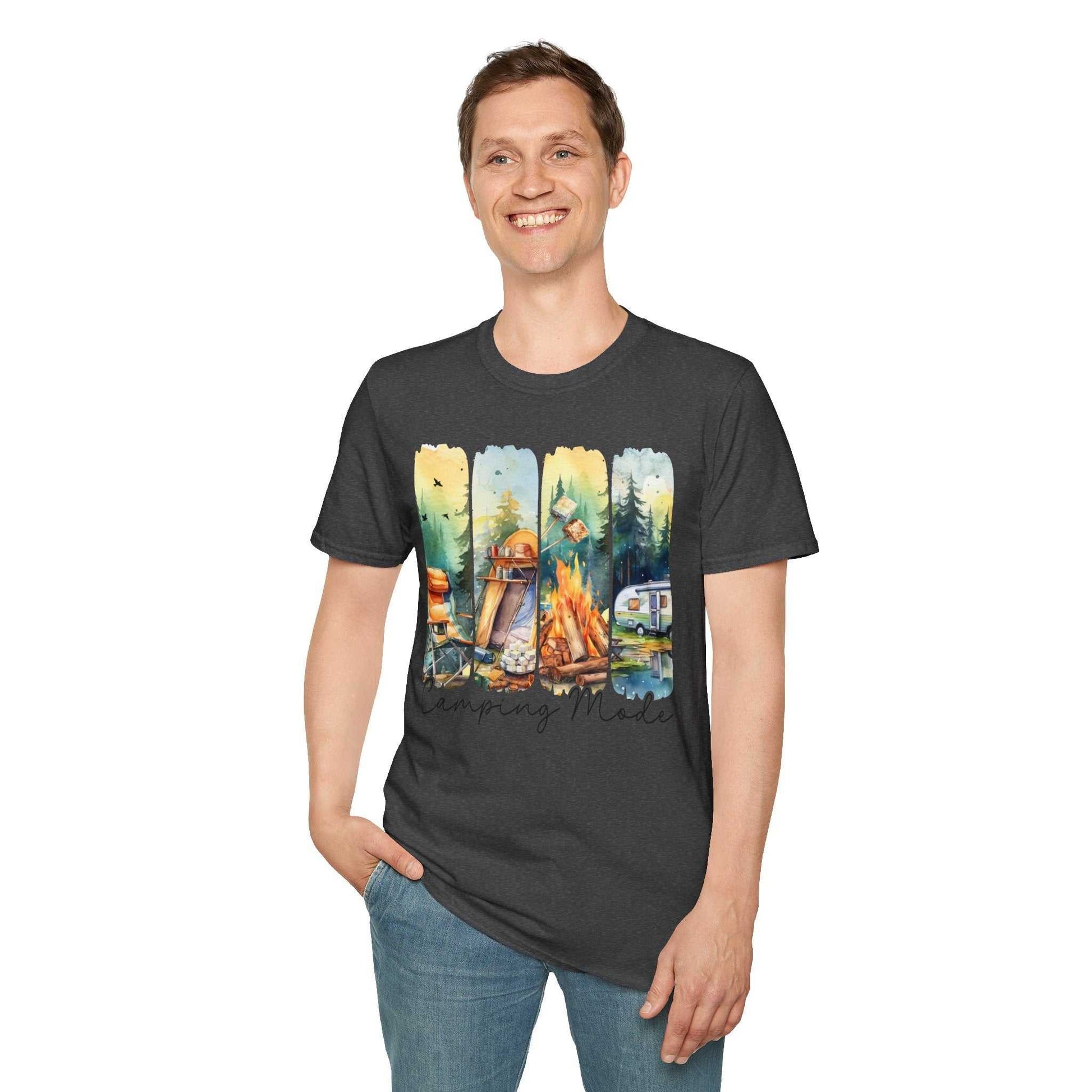 Man wearing a black Camping Adventure Unisex T-Shirt with a colorful camping-themed graphic on the front