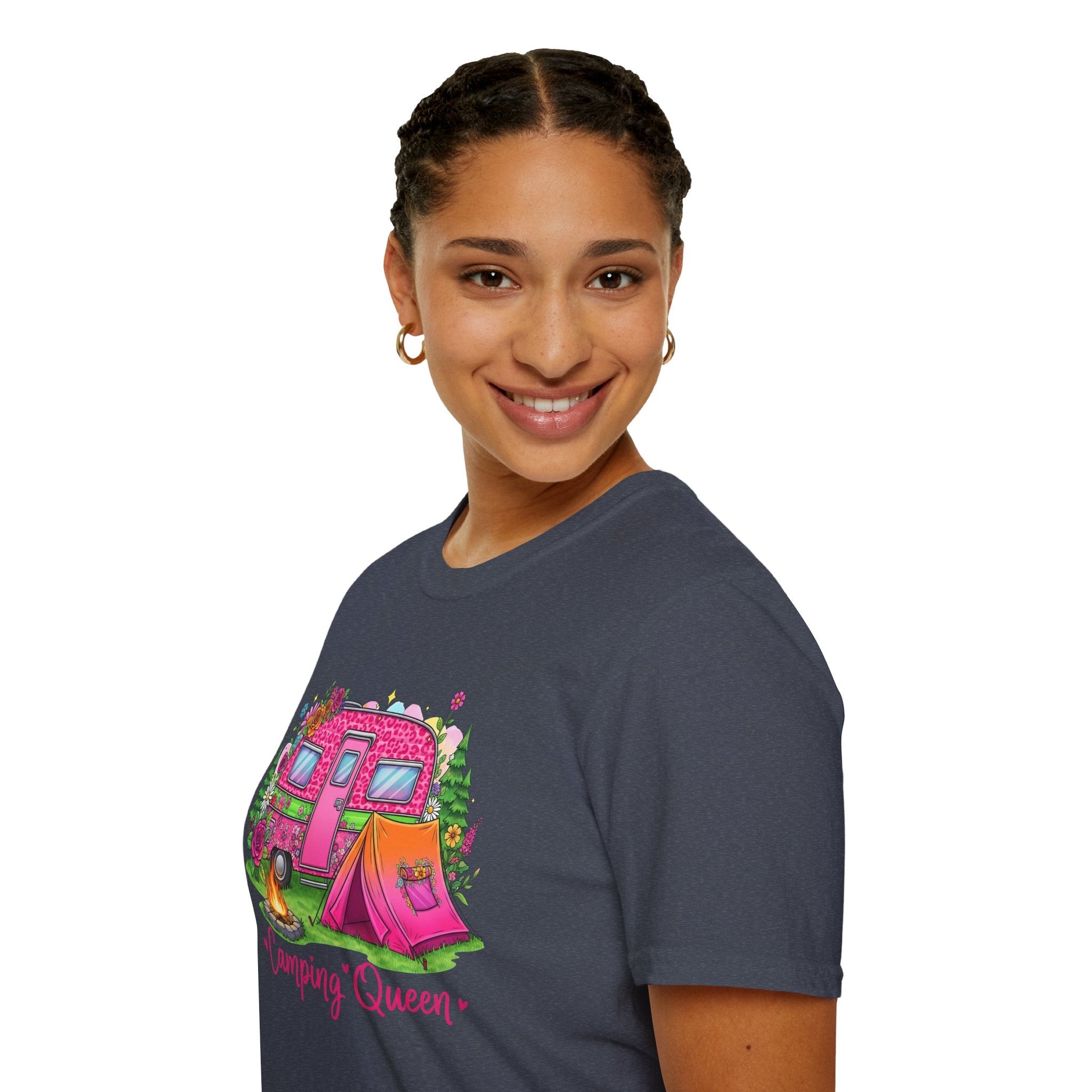 Woman wearing navy Camping Queen T-Shirt with colorful camping graphic and text