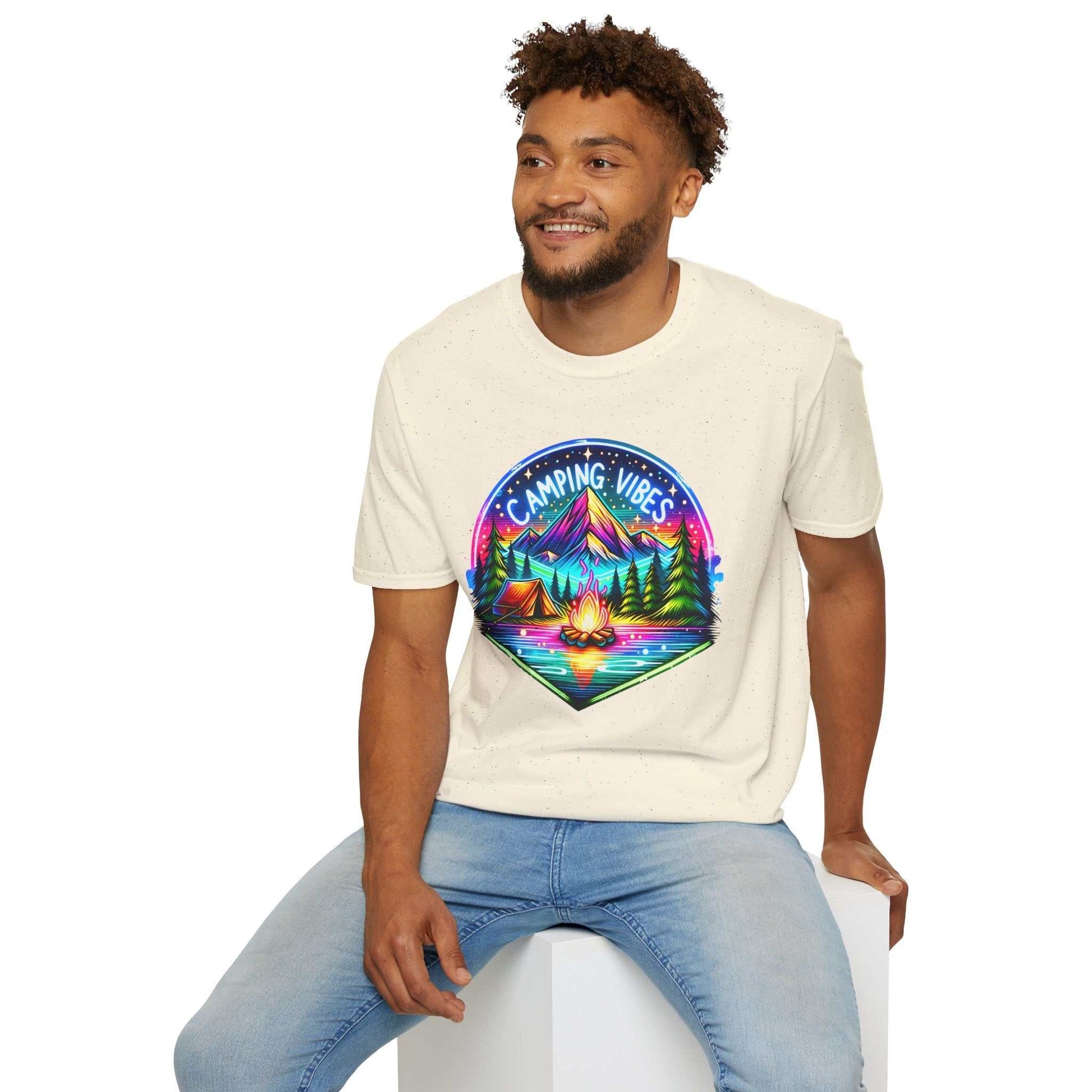 Unisex softstyle t-shirt with colorful Camping Vibes graphic, featuring mountains, tent, and campfire design.