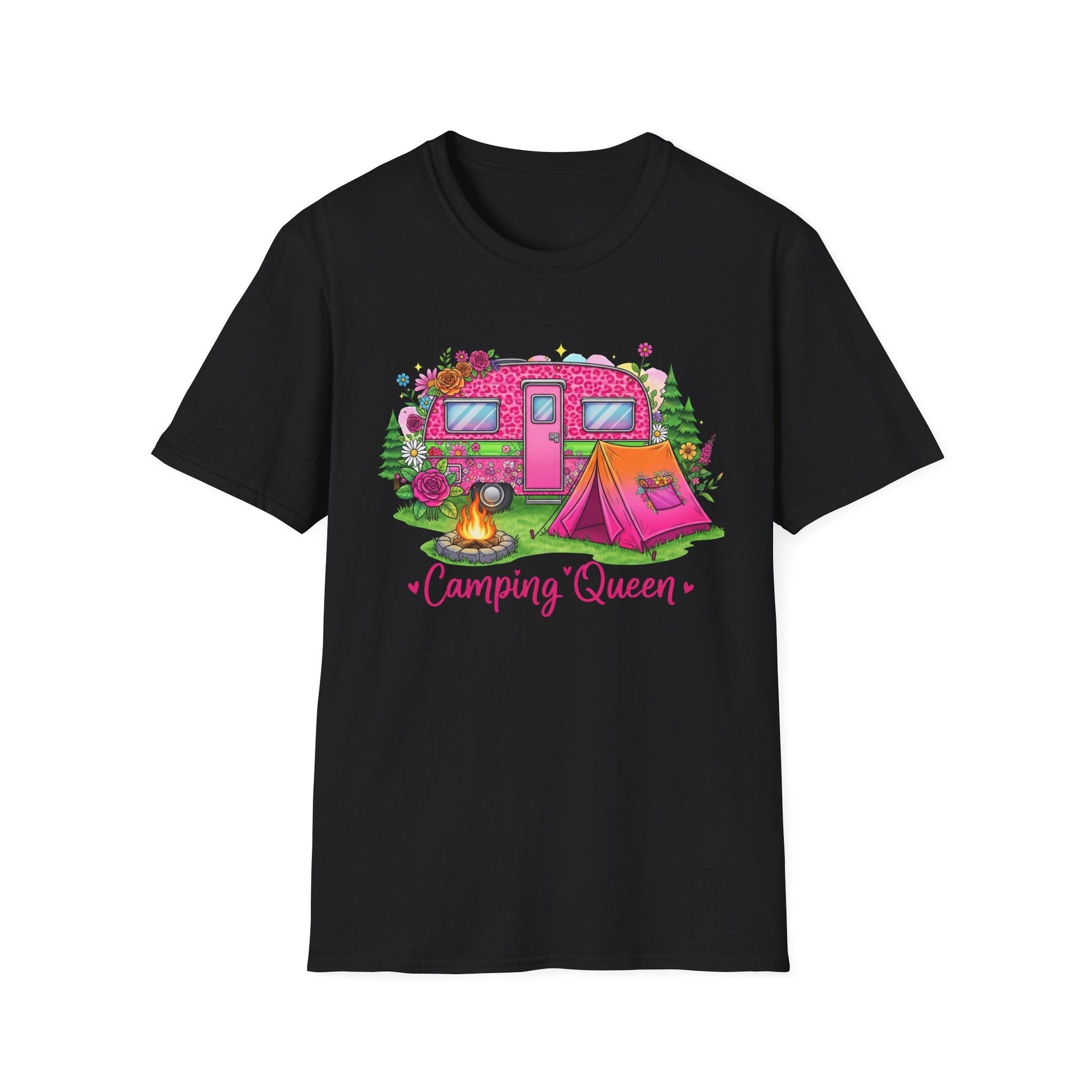 Black Camping Queen T-Shirt with colorful camper, tent, campfire, and floral design