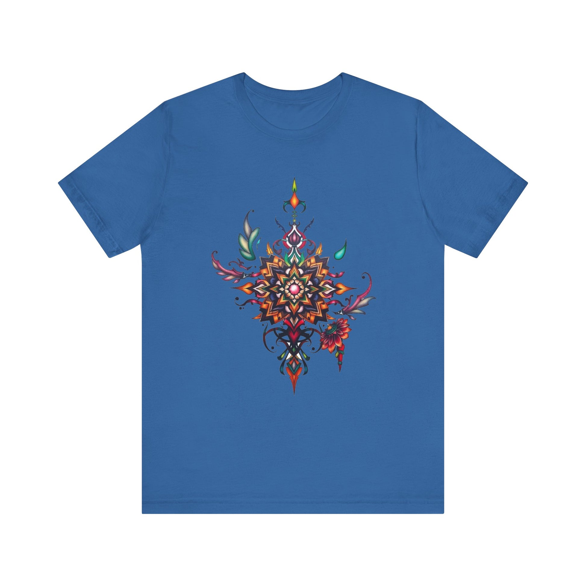 Colorful tee with an ornate mandala and floral design, available in vibrant color options