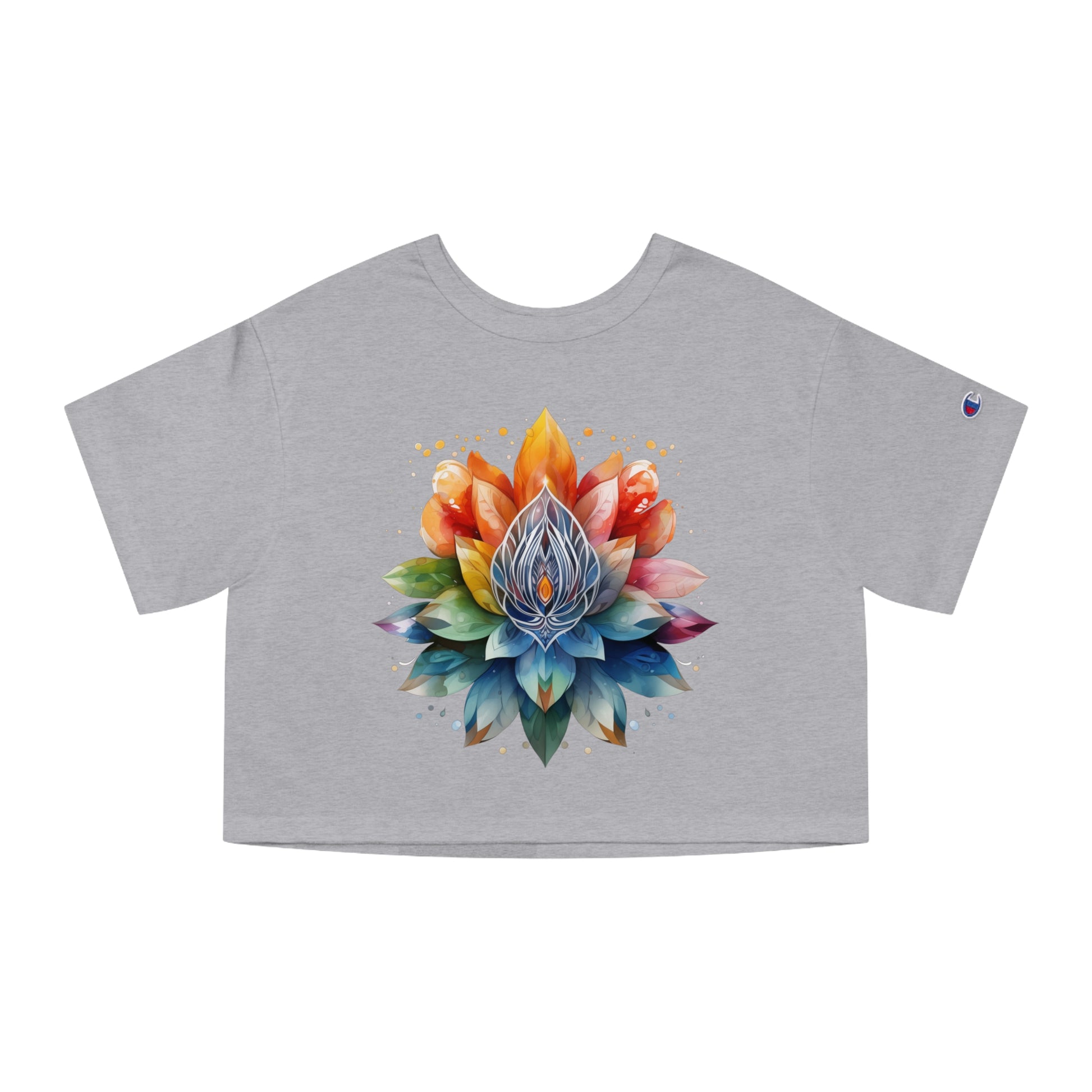 Cropped tee with a radiant rainbow lotus mandala, bursting in vivid, dreamy colors