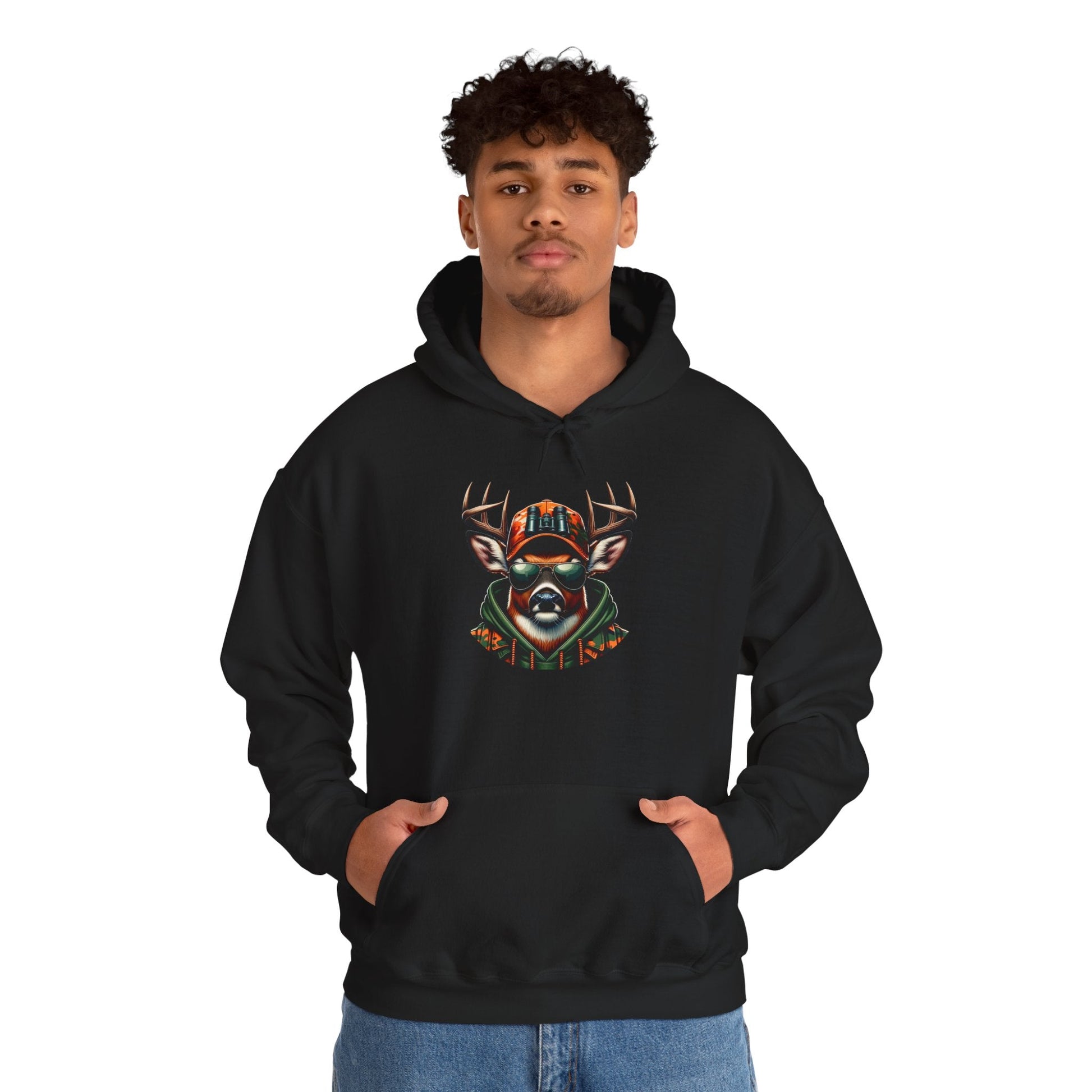Black hooded sweatshirt with bold colorful deer graphic on front and kangaroo pocket.