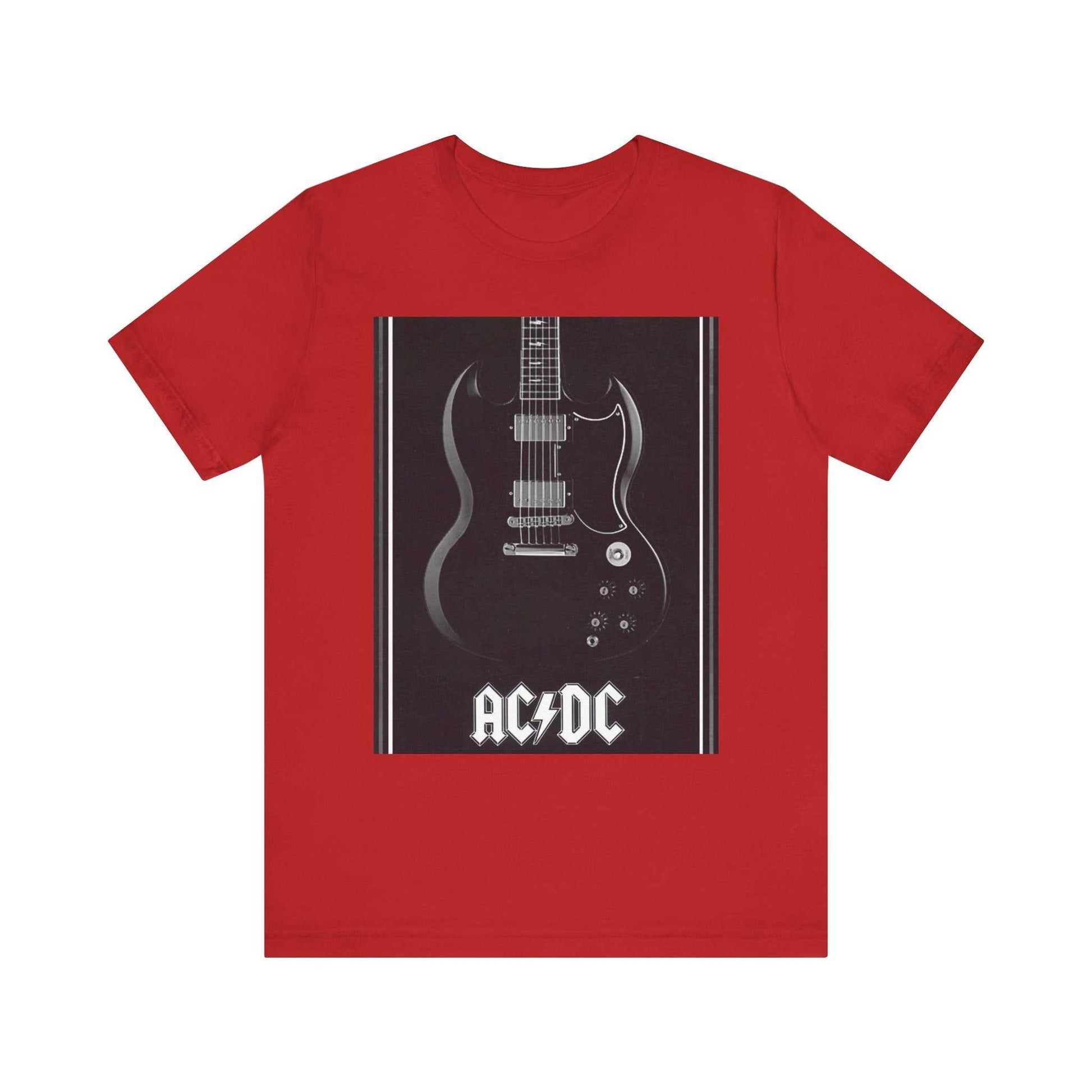 Red unisex short sleeve cotton tee featuring a black electric guitar graphic and AC/DC logo.