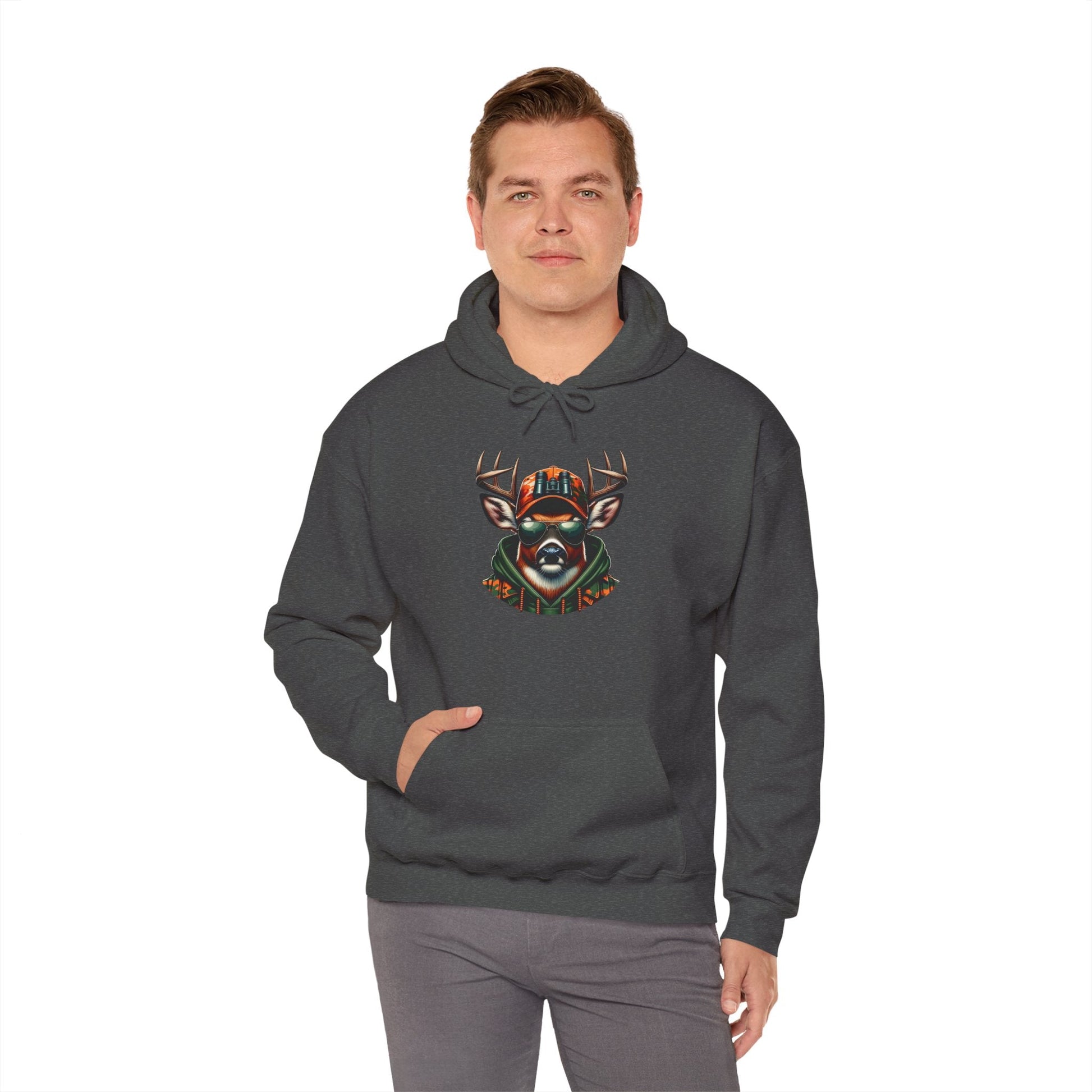 Unisex dark hooded sweatshirt with bold deer graphic and kangaroo pocket