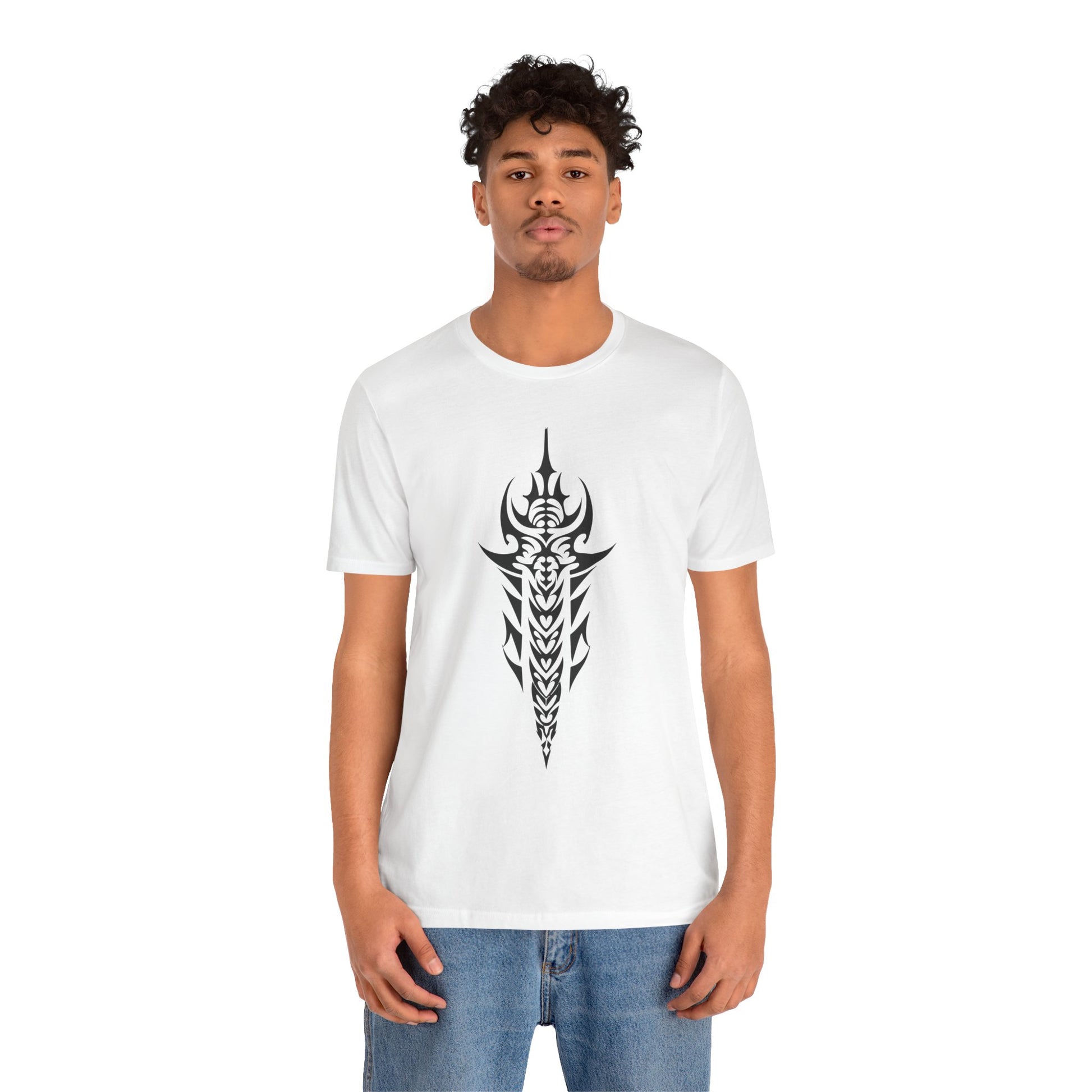 Tribal Sword T-Shirt – Bold Black Tattoo Art on Aqua Tee