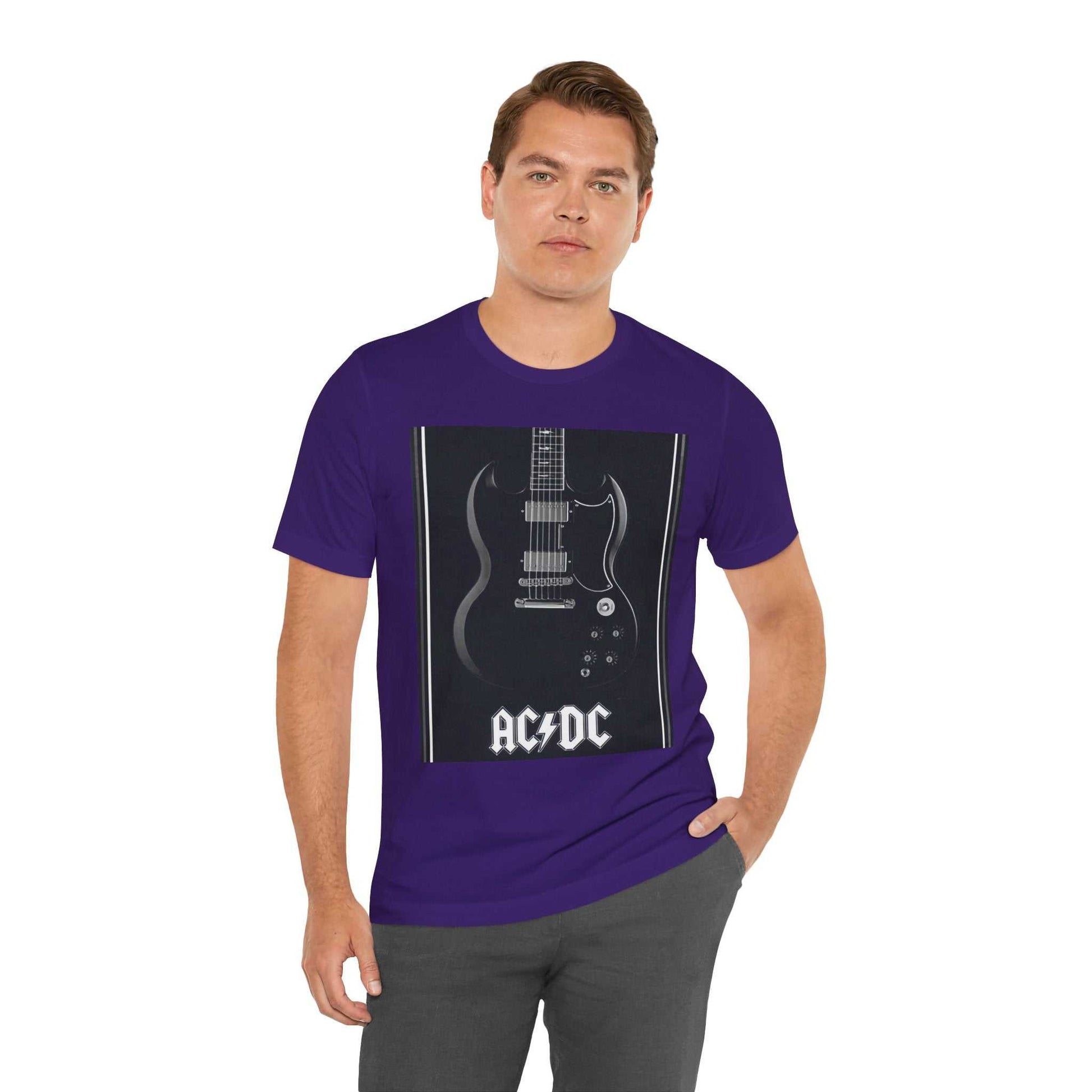 Man wearing purple Rock Guitar Graphic Tee with AC/DC guitar print on front