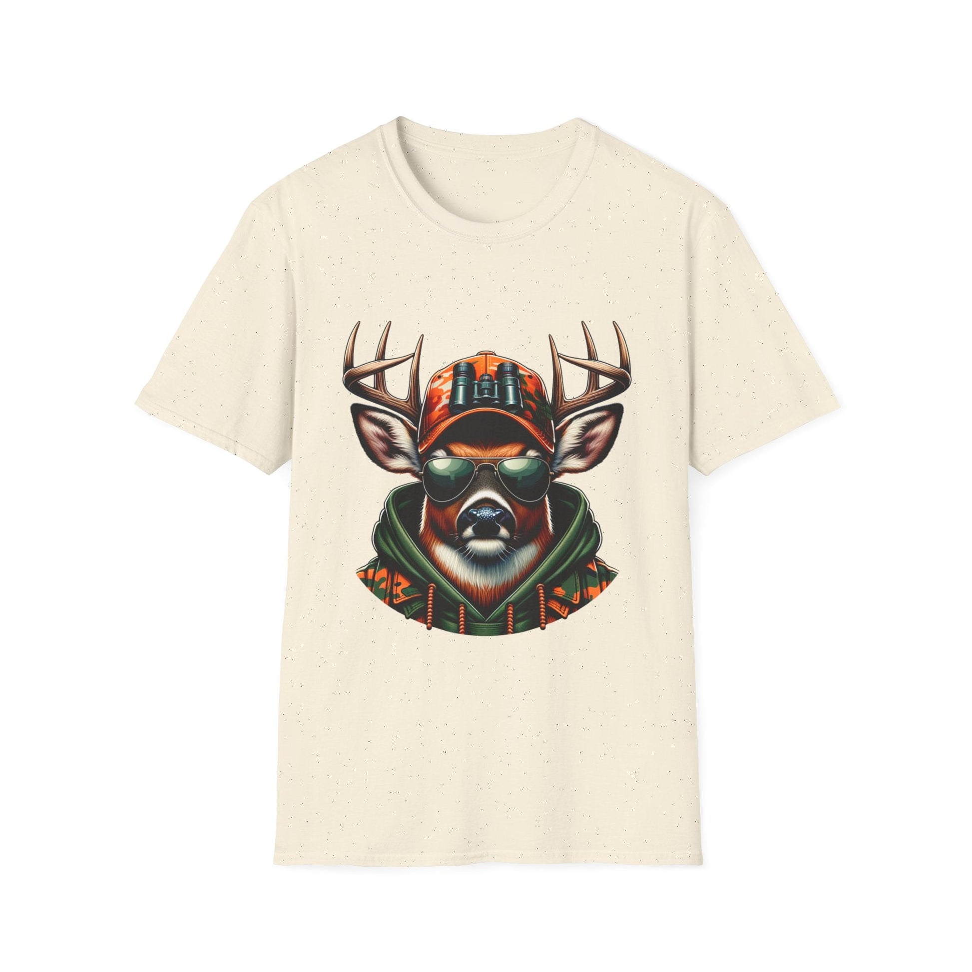 Beige unisex t-shirt featuring a cool deer wearing sunglasses, a camo cap, and a green hoodie, hunting enthusiast design.