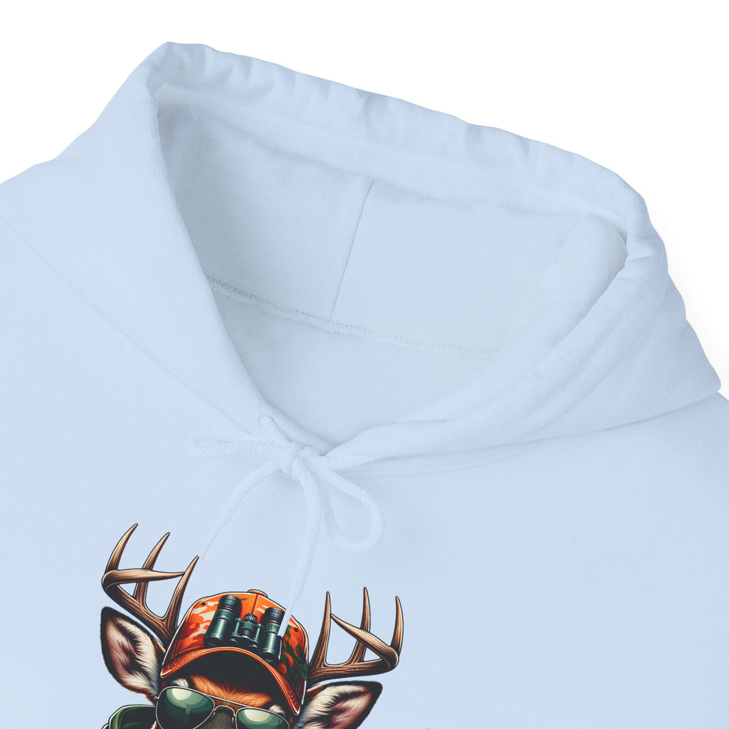 White hooded sweatshirt with bold deer graphic and adjustable drawstring hood