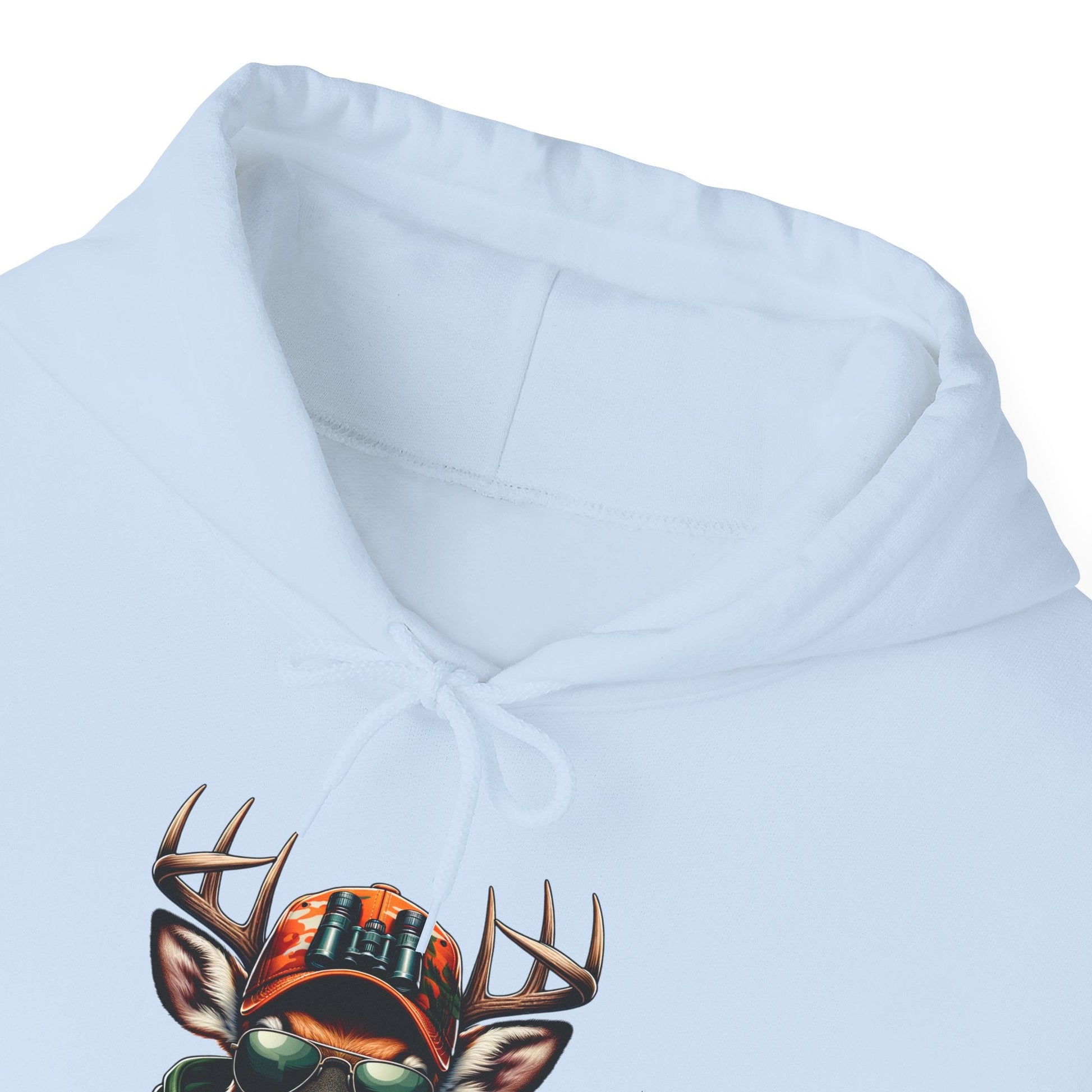 White hooded sweatshirt with bold deer graphic and adjustable drawstring hood