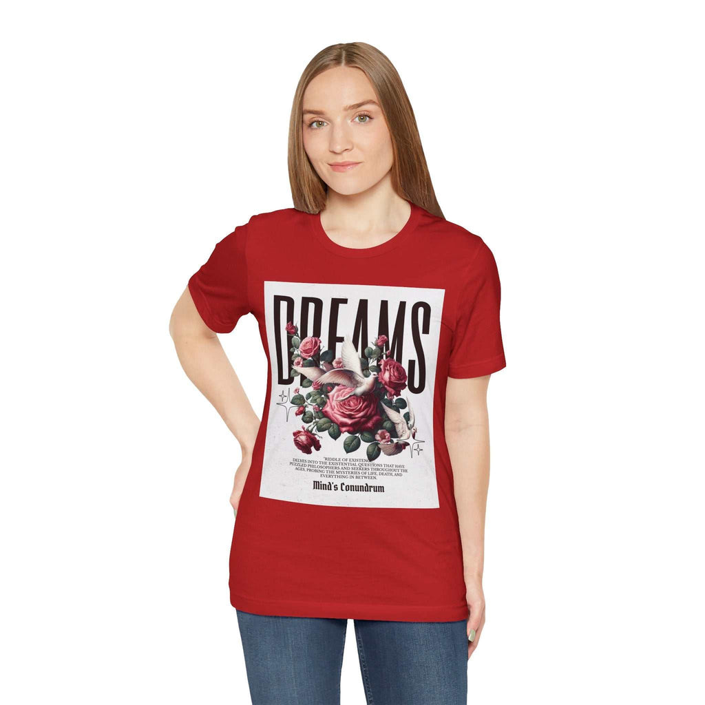 Woman wearing red Dreams Floral Tee with bold floral and typography design on front