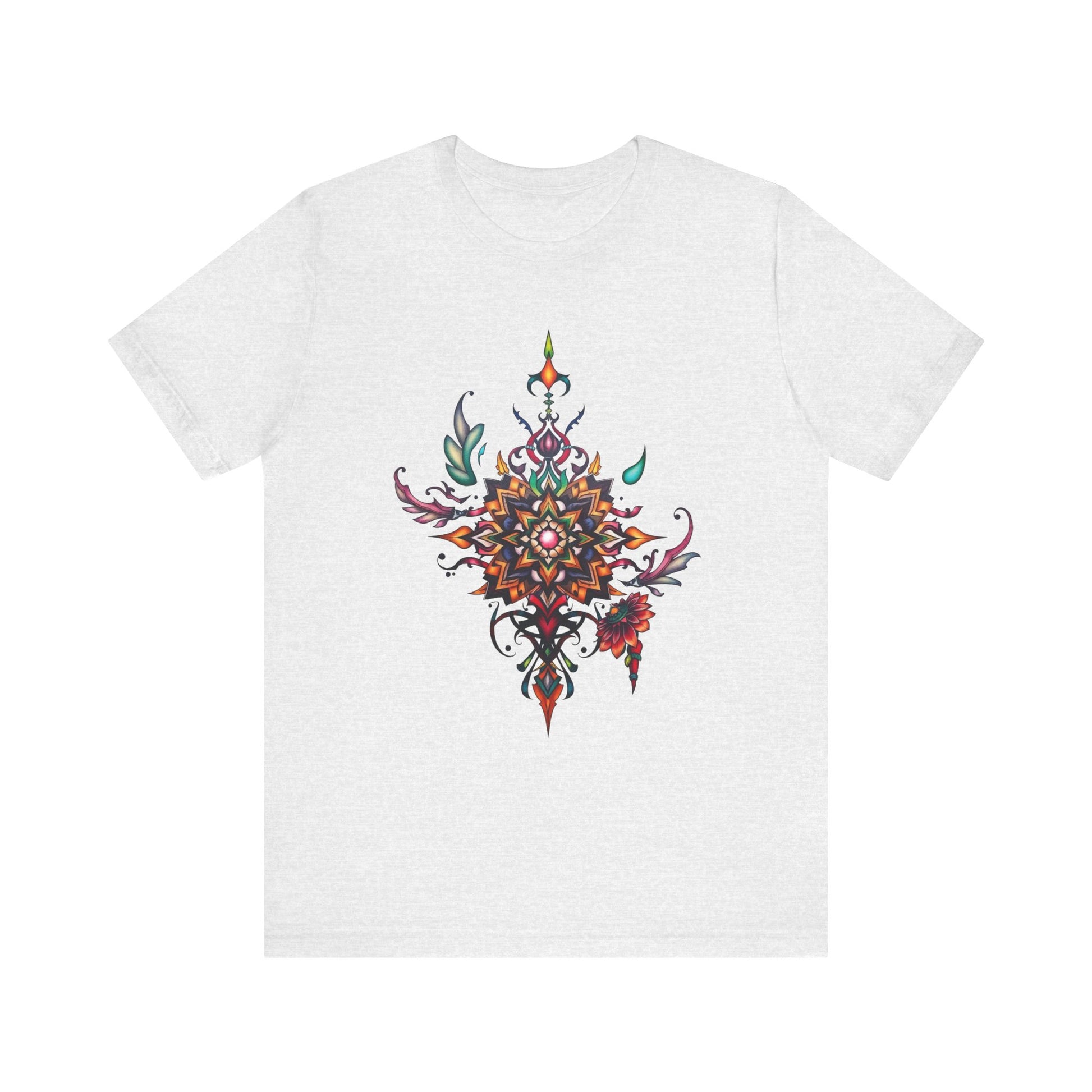 Colorful tee with an ornate mandala and floral design, available in vibrant color options