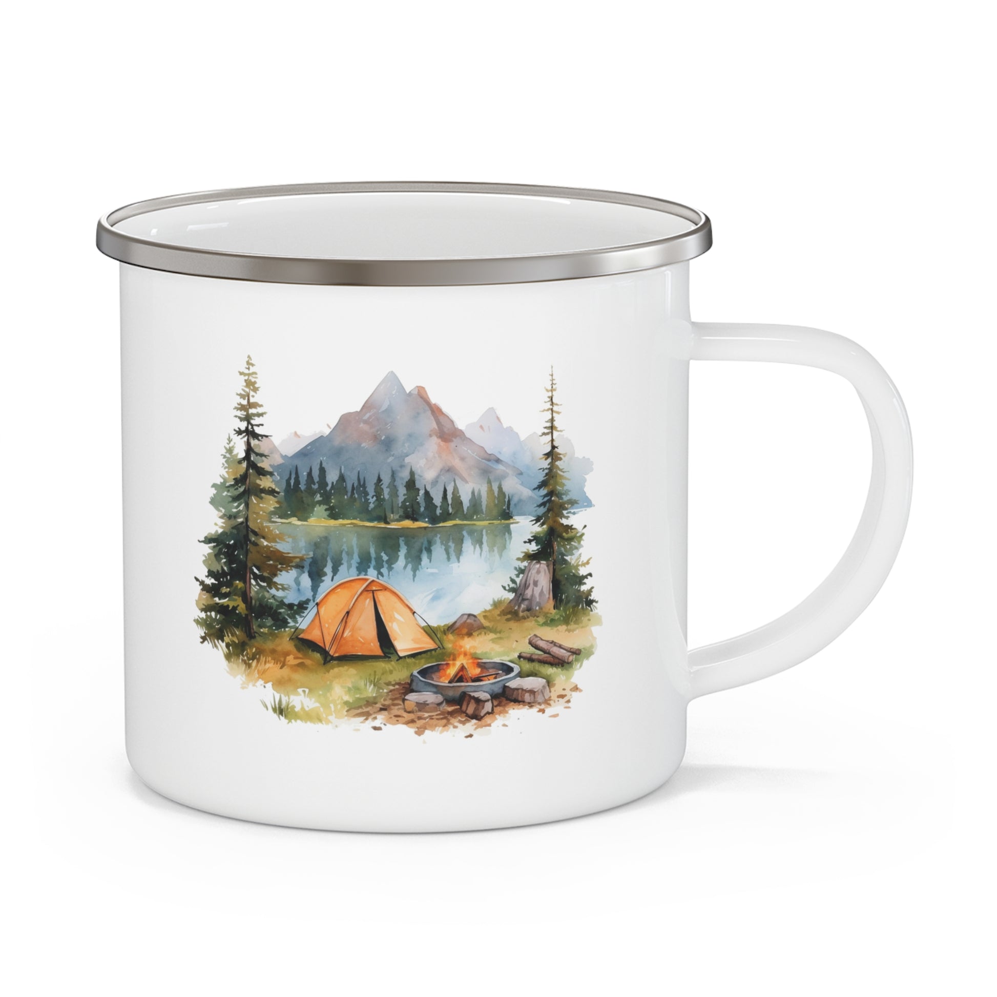 Mountain Lake Camping Enamel Mug with Orange Tent and Campfire